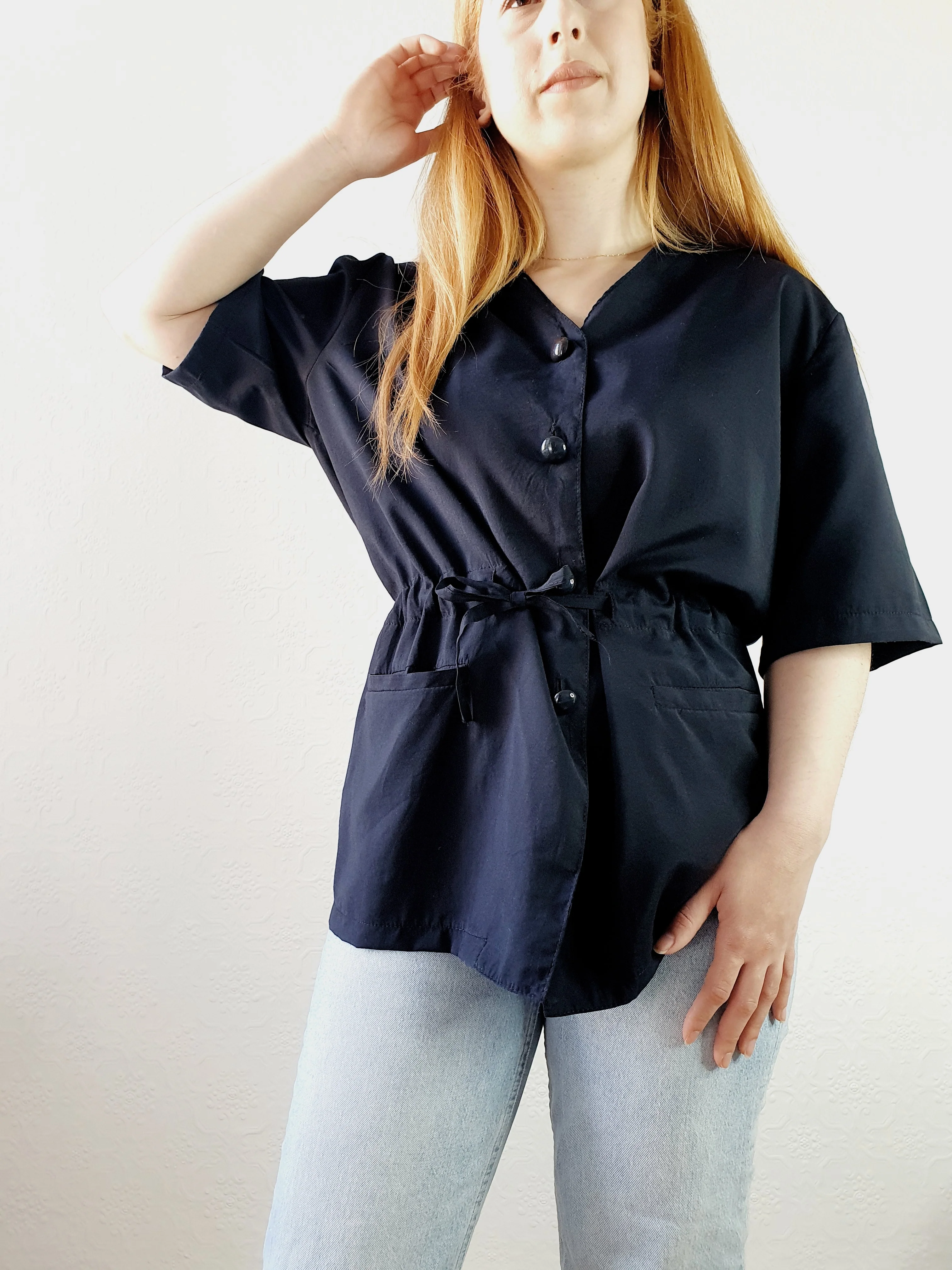1980s Black Drawstring Tunic - L/XL - Image 2