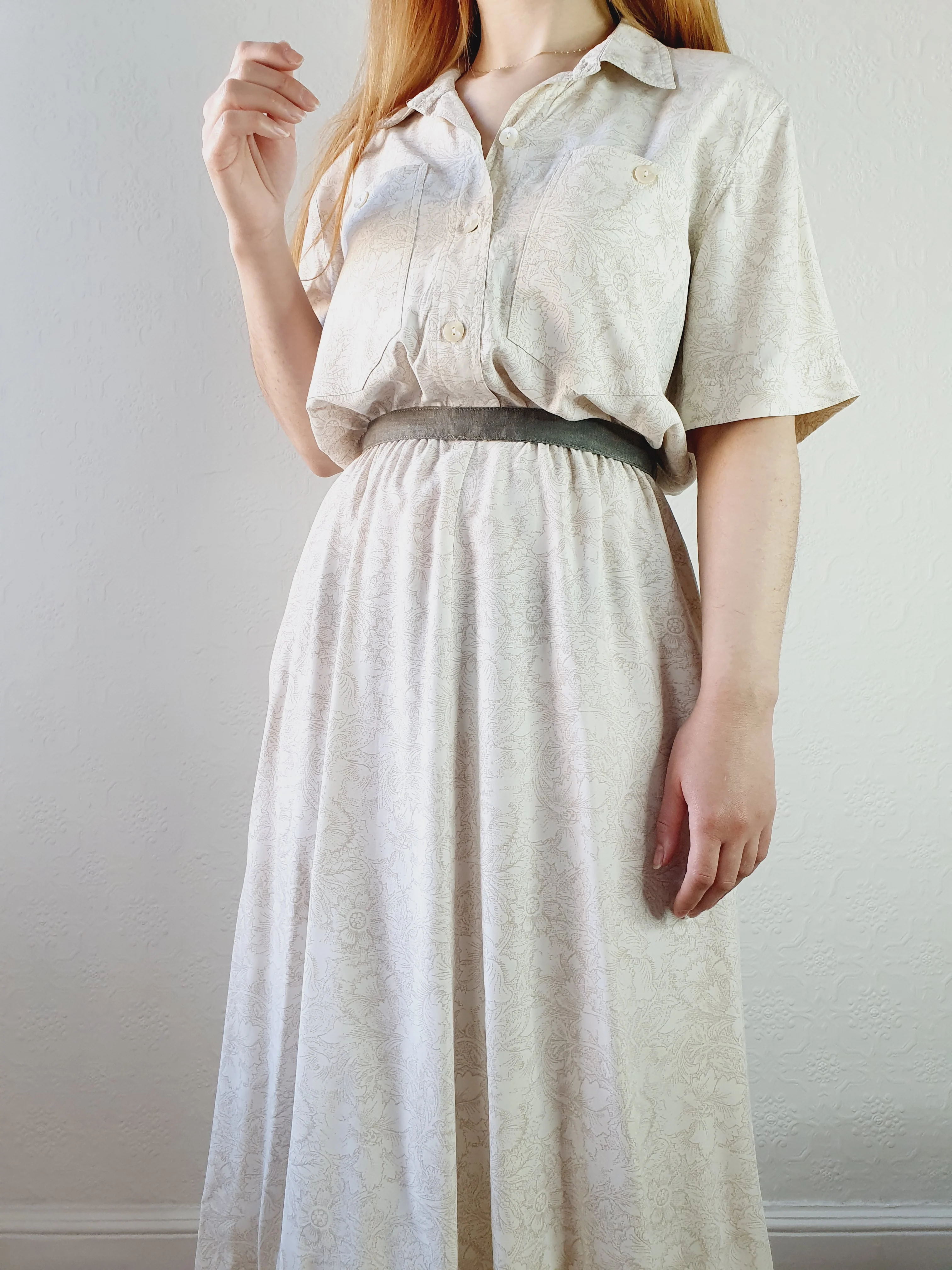 1980s Ivory Floral Pattern Shirt Dress - L/XL