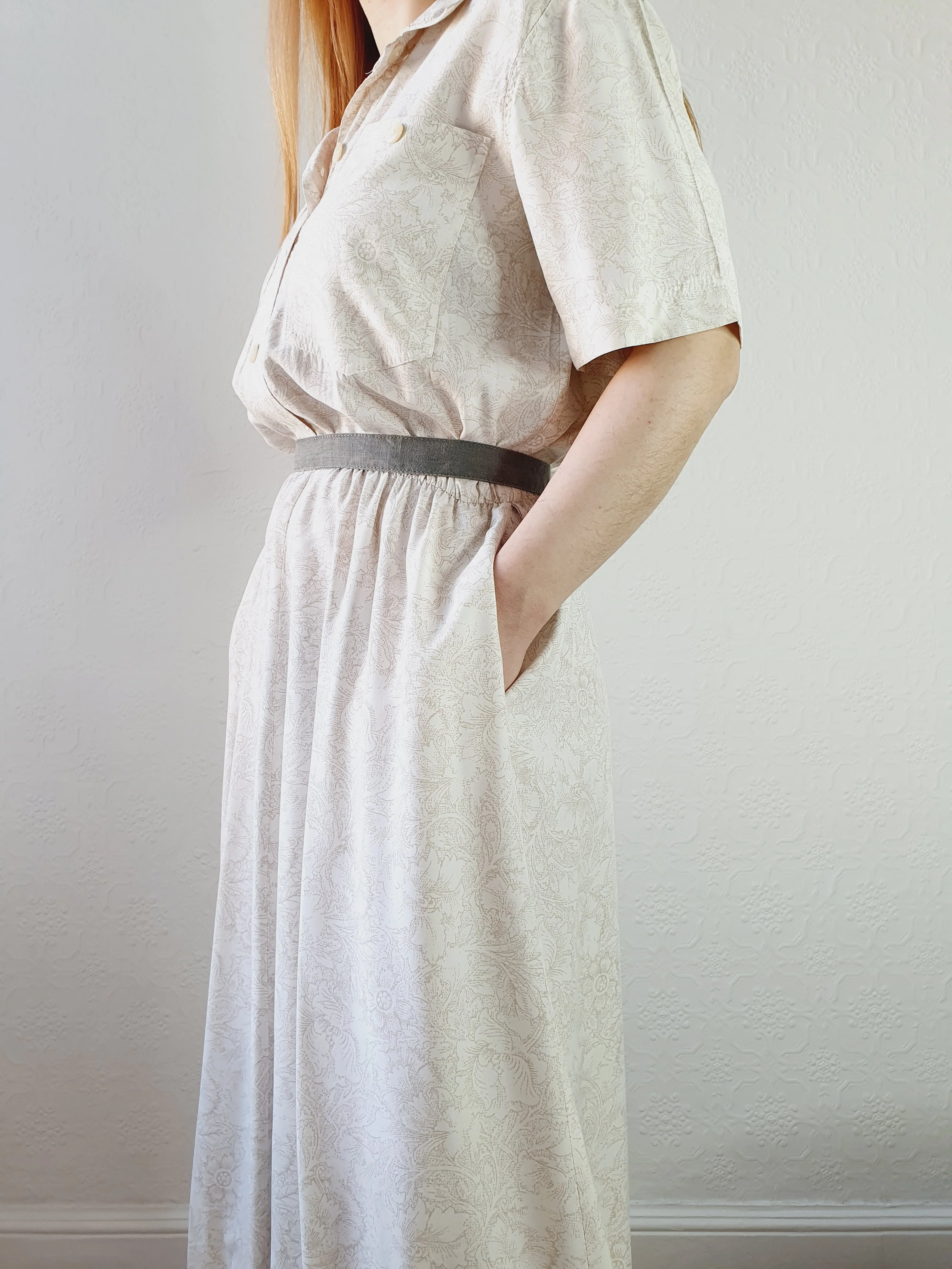 1980s Ivory Floral Pattern Shirt Dress - L/XL - Image 2