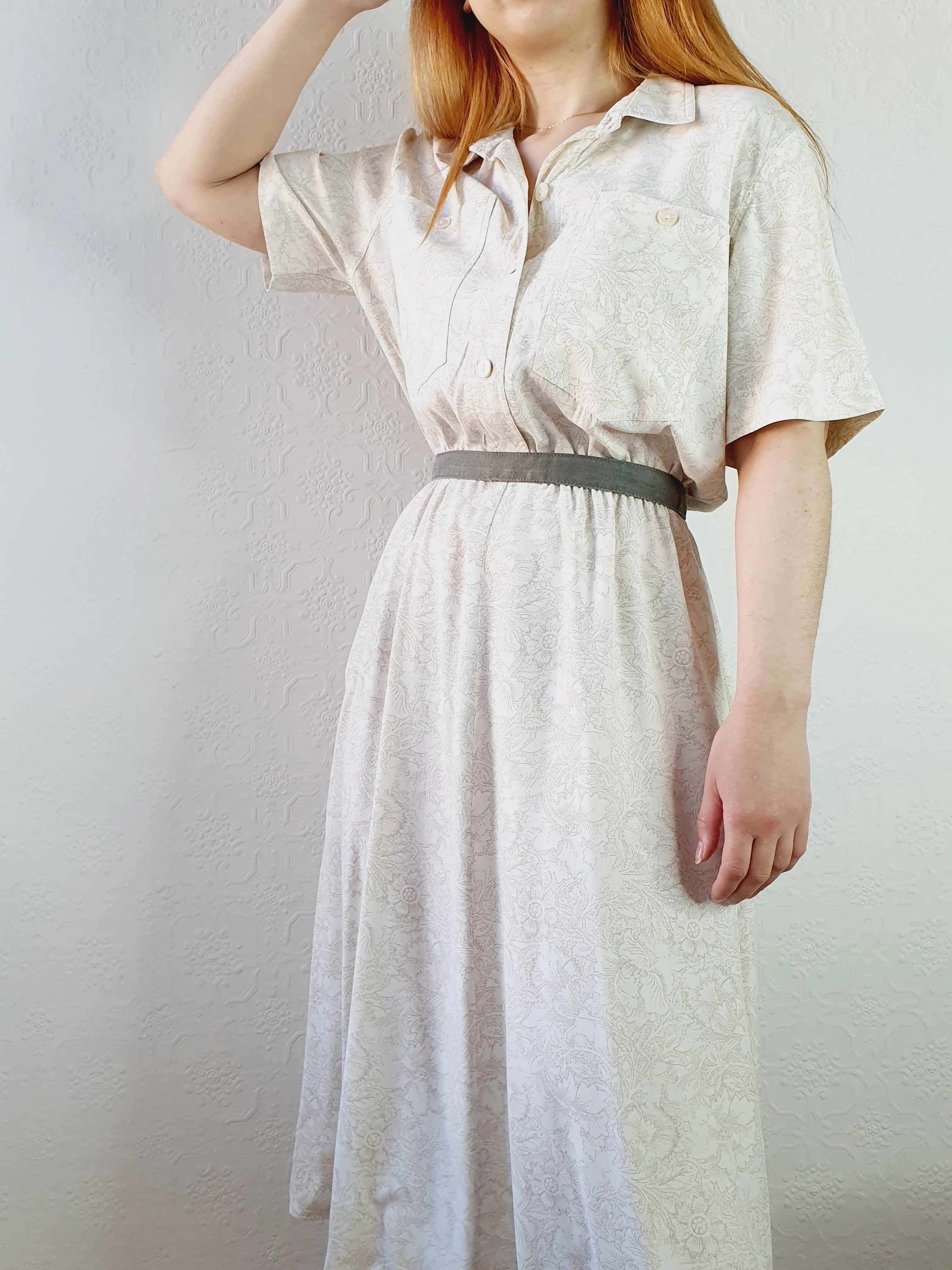 1980s Ivory Floral Pattern Shirt Dress - L/XL - Image 3