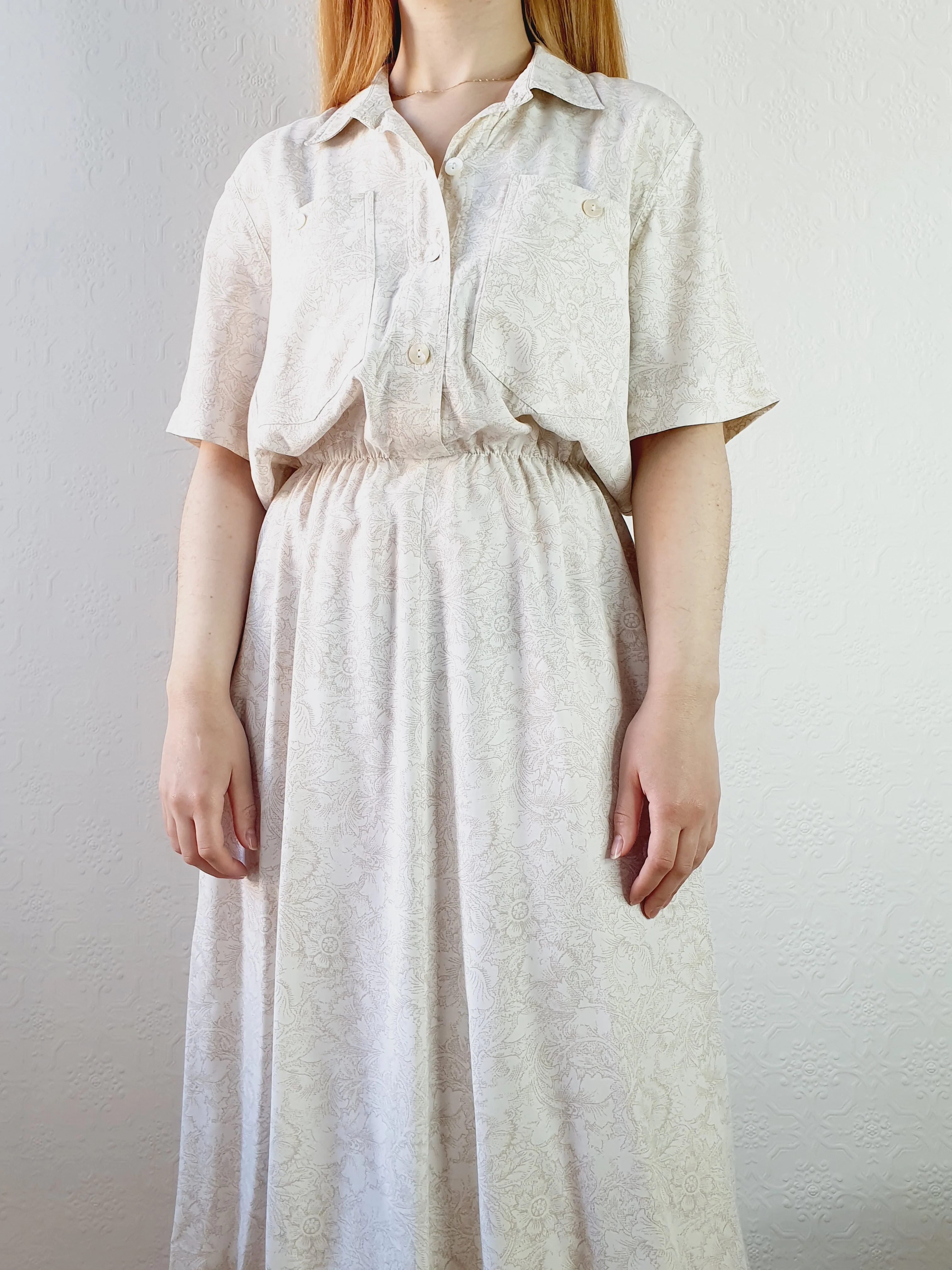 1980s Ivory Floral Pattern Shirt Dress - L/XL - Image 4