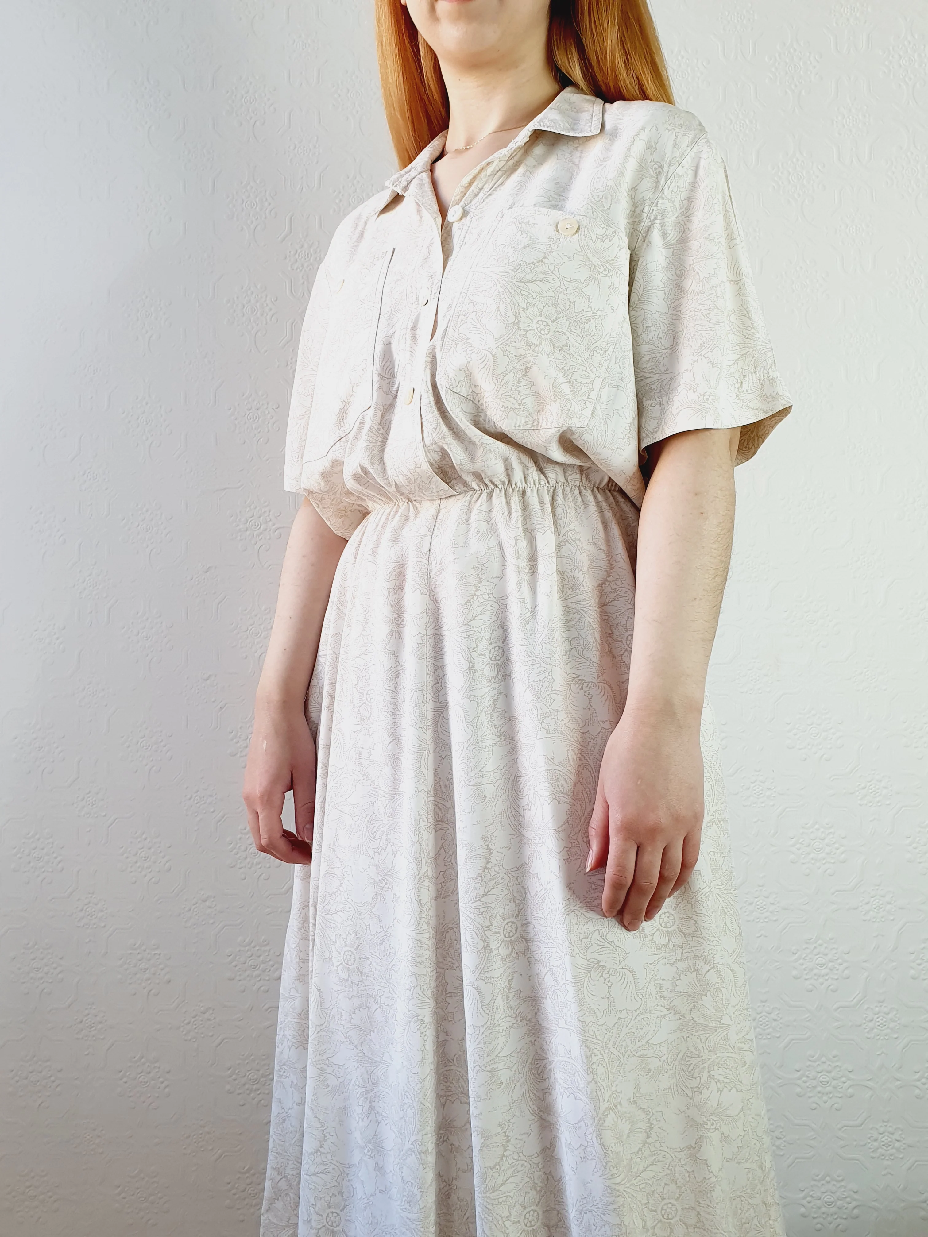 1980s Ivory Floral Pattern Shirt Dress - L/XL - Image 5