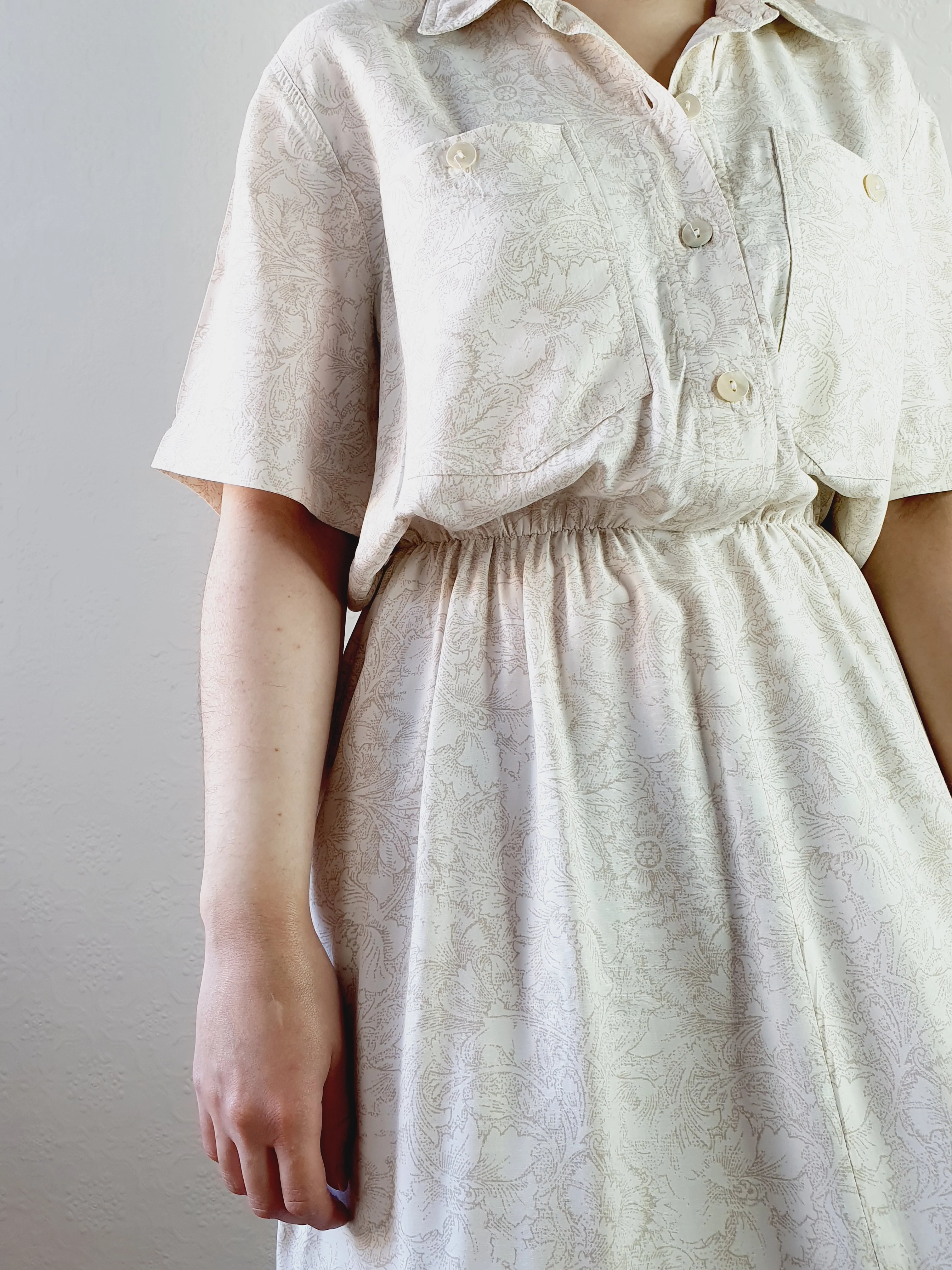 1980s Ivory Floral Pattern Shirt Dress - L/XL - Image 6