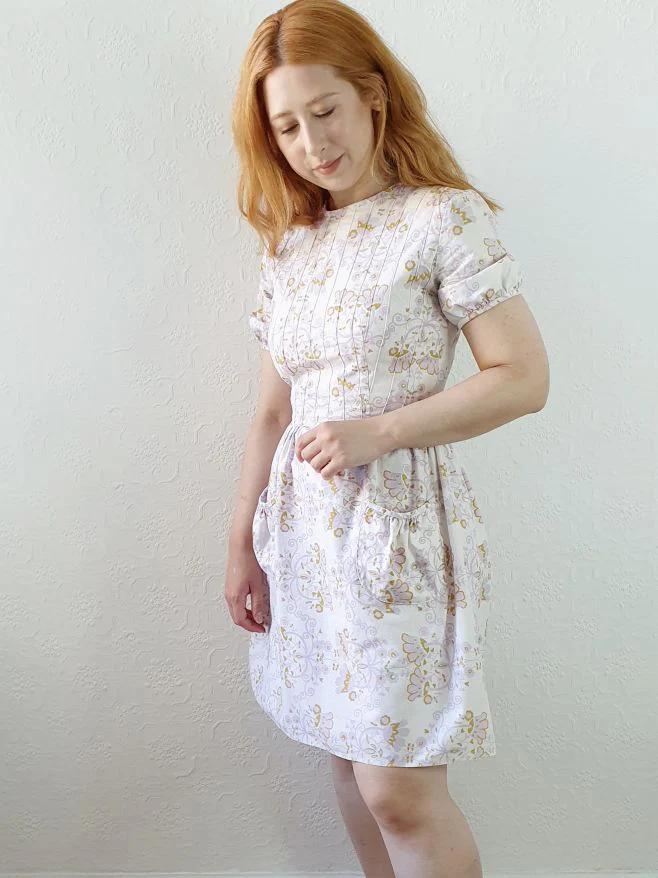 60s Vintage Lilac Floral Dress with Puff Sleeves - XS