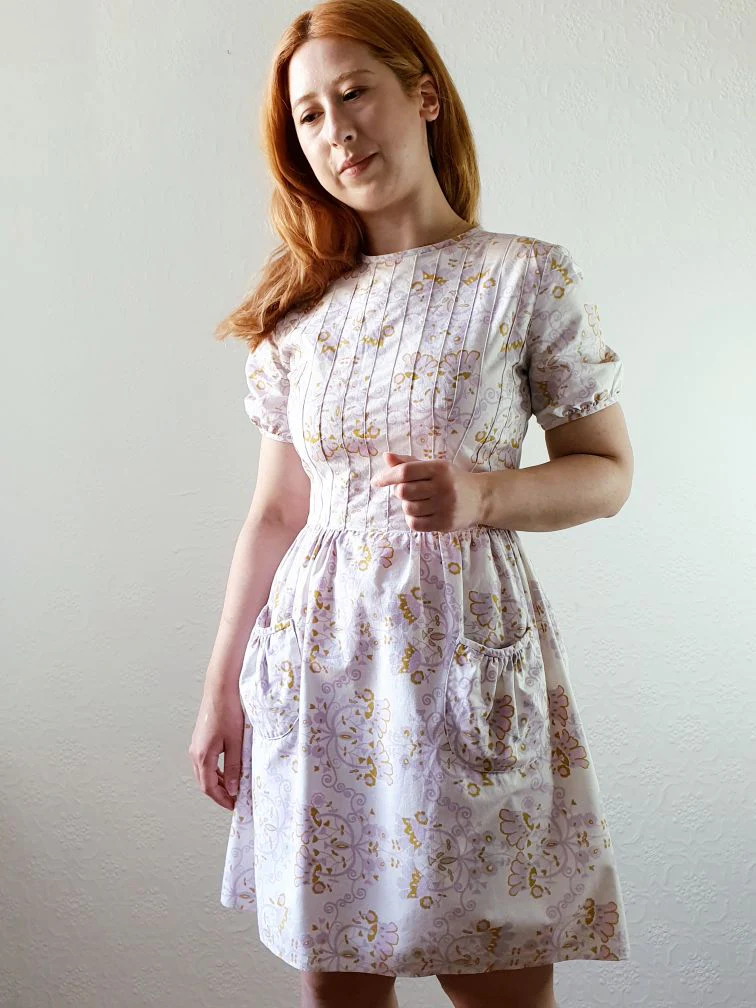 60s Vintage Lilac Floral Dress with Puff Sleeves - XS - Image 2