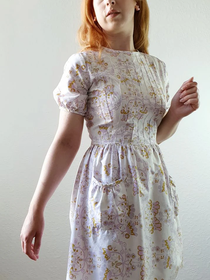 60s Vintage Lilac Floral Dress with Puff Sleeves - XS - Image 3