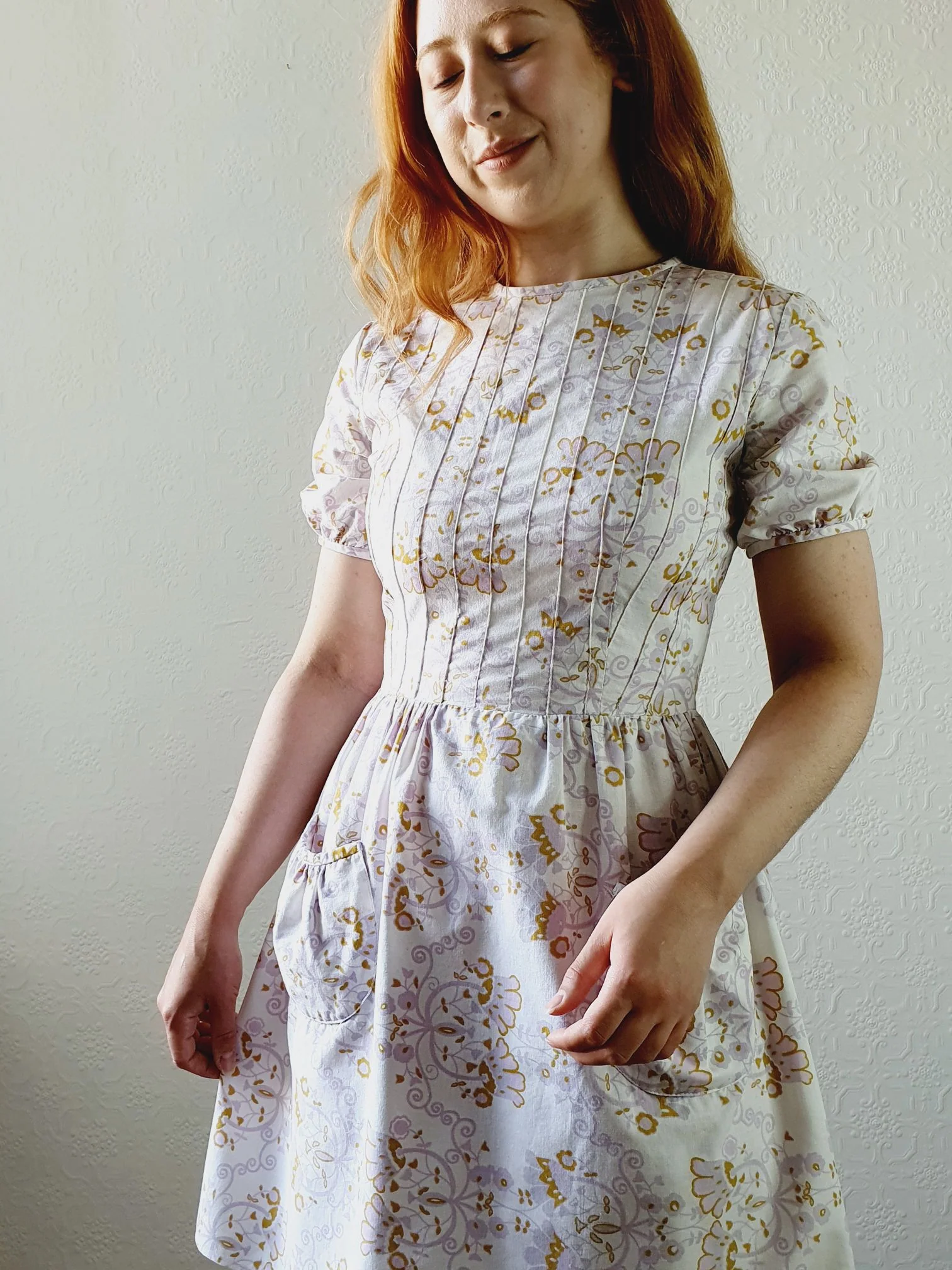 60s Vintage Lilac Floral Dress with Puff Sleeves - XS - Image 4