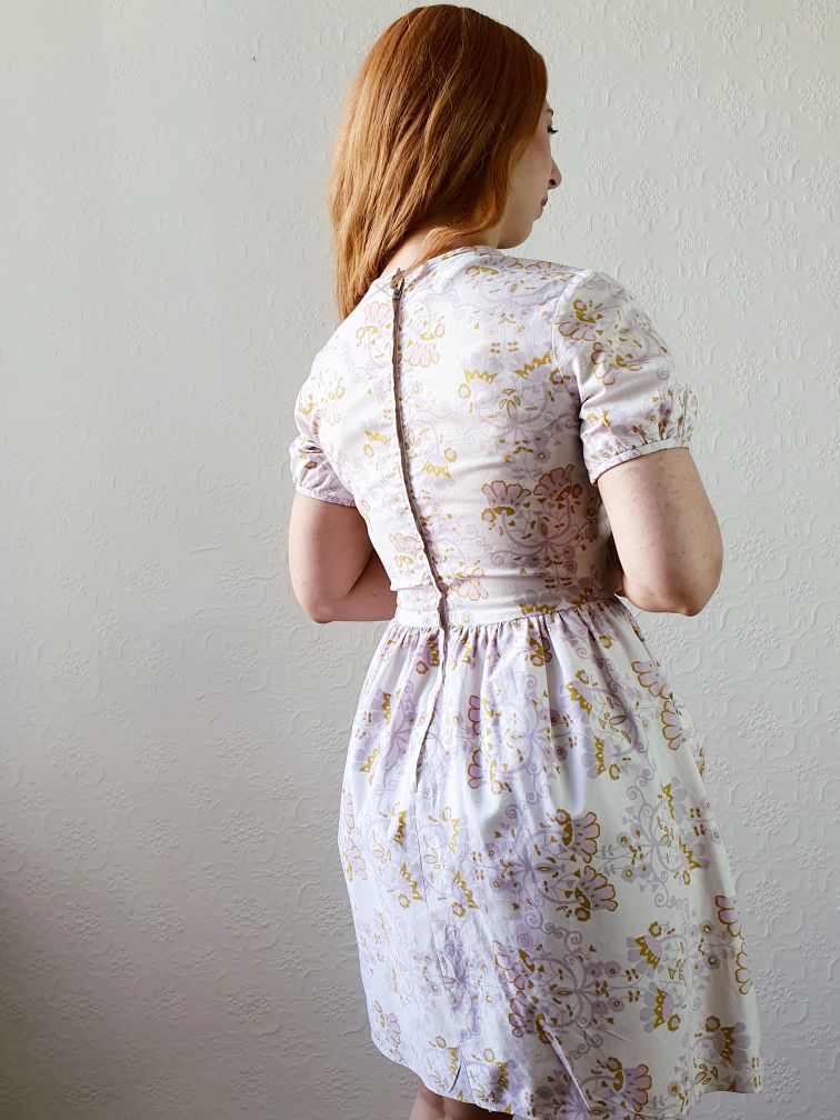 60s Vintage Lilac Floral Dress with Puff Sleeves - XS - Image 5