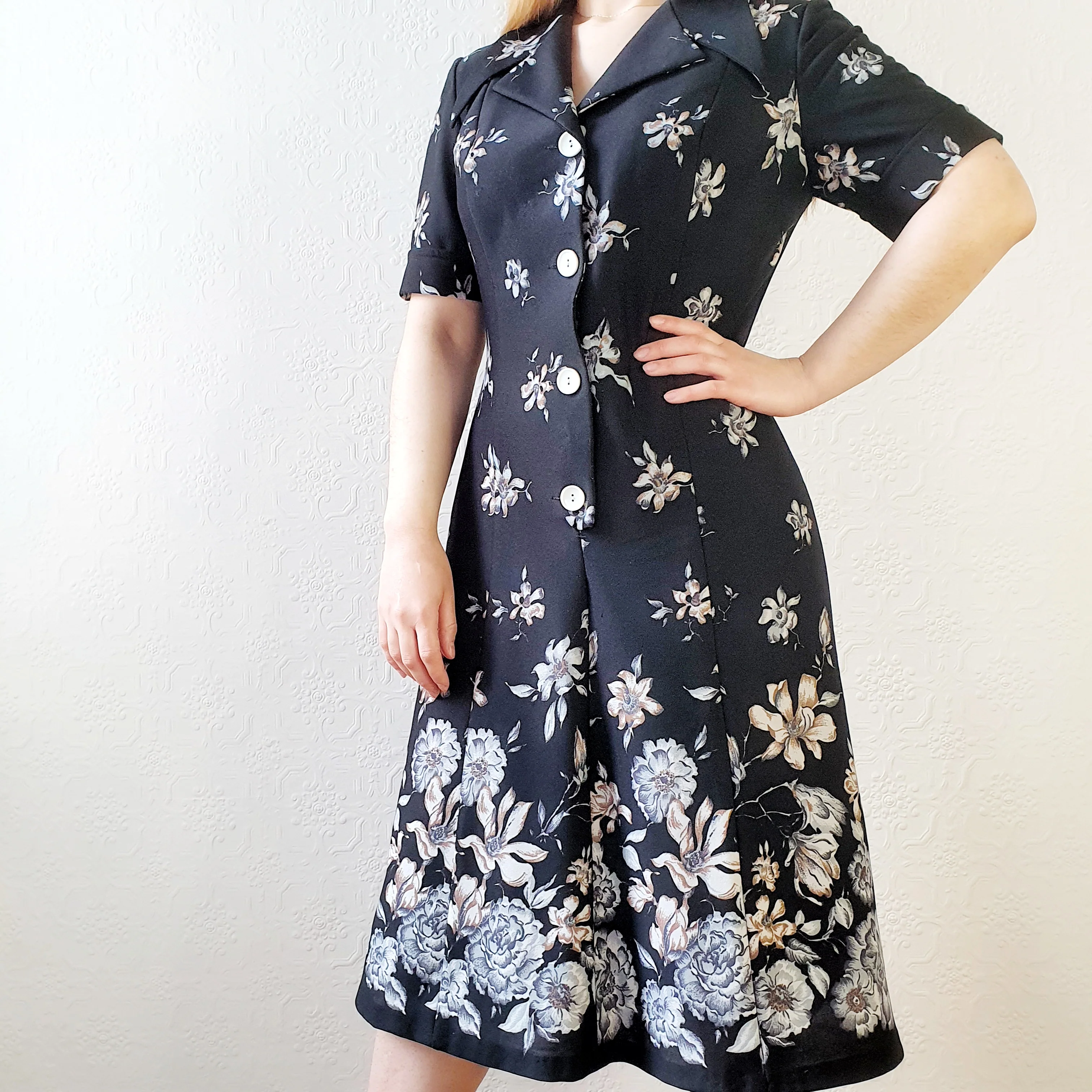 70s Black Floral Dress - M - Image 3