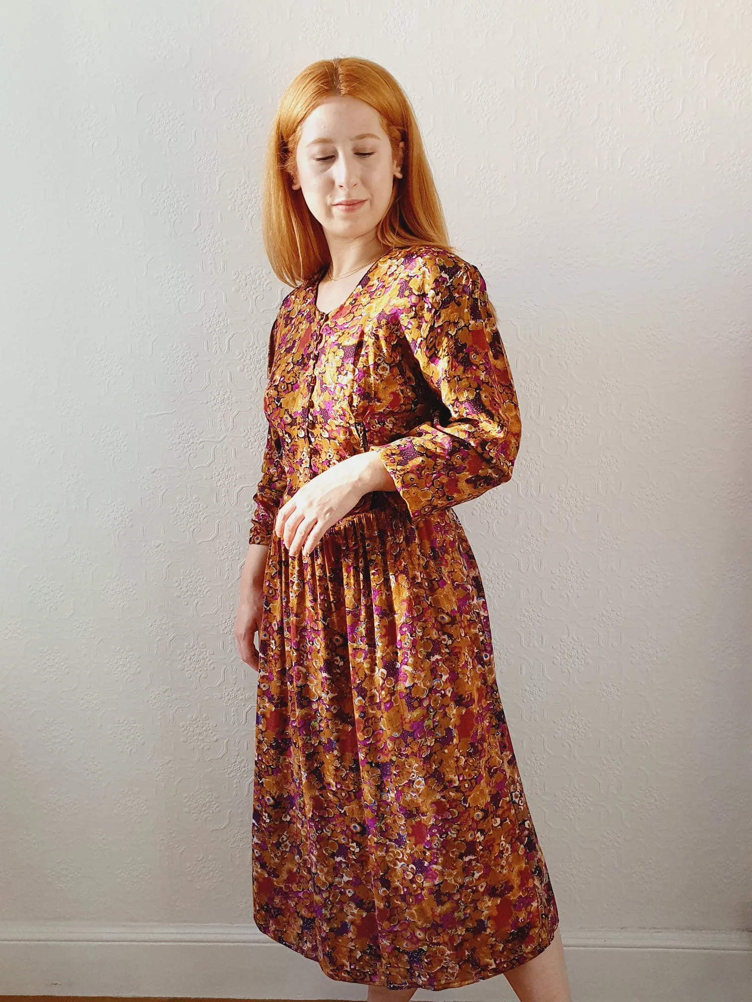 80s Mustard Floral Dress - S