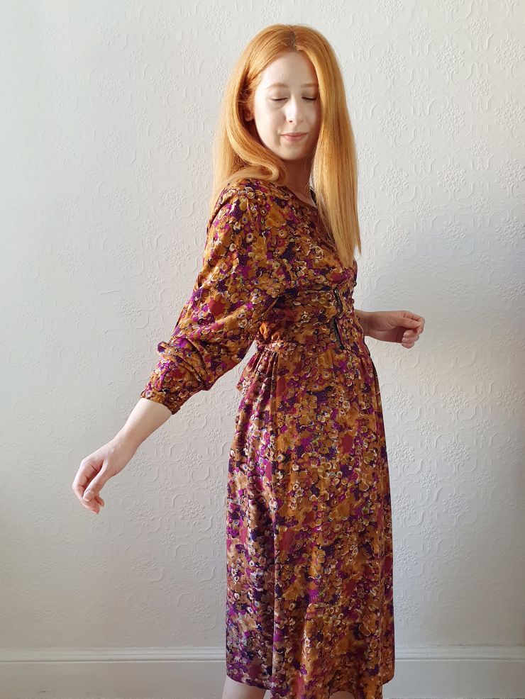 80s Mustard Floral Dress - S - Image 10