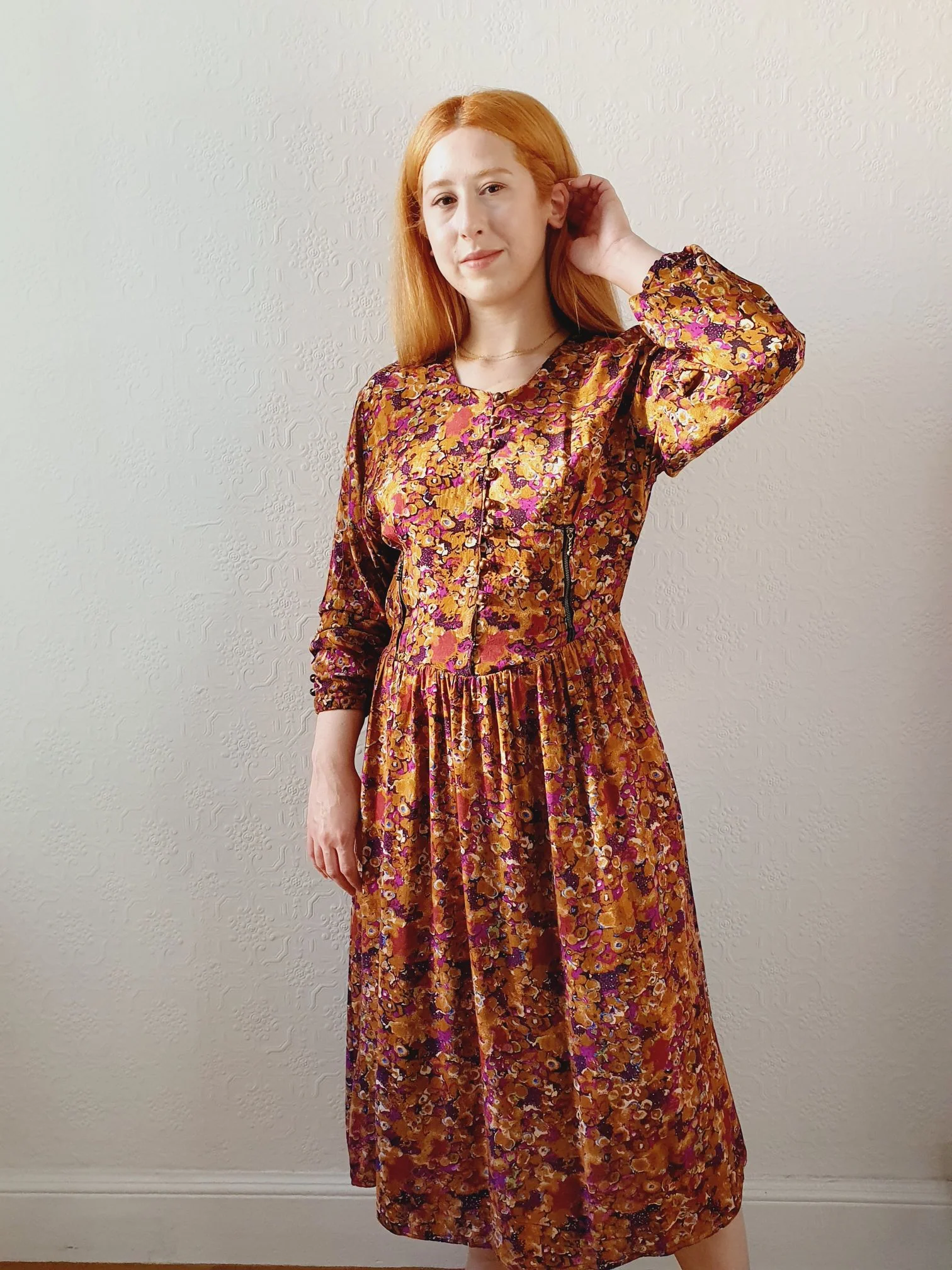 80s Mustard Floral Dress - S - Image 2