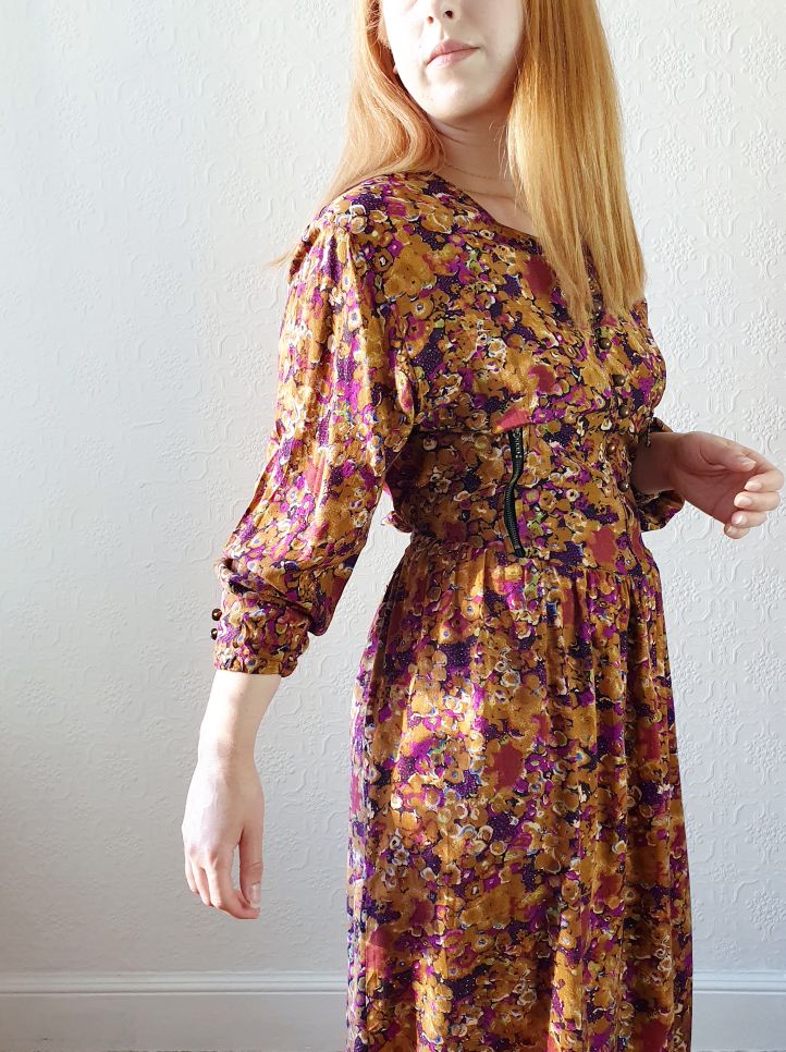80s Mustard Floral Dress - S - Image 3