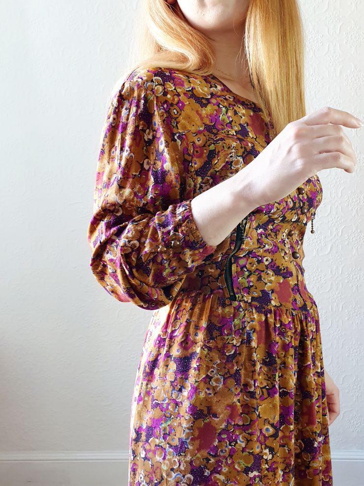 80s Mustard Floral Dress - S - Image 4