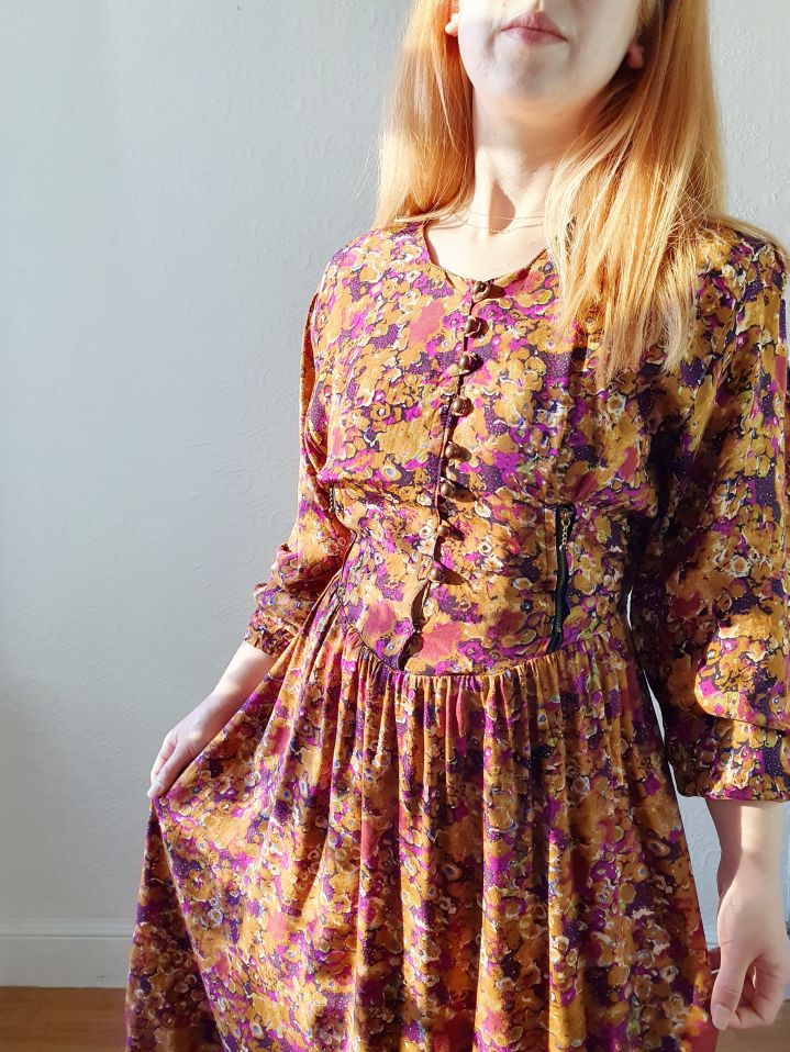 80s Mustard Floral Dress - S - Image 8