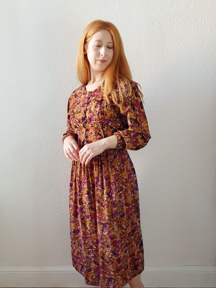 80s Mustard Floral Dress - S - Image 9
