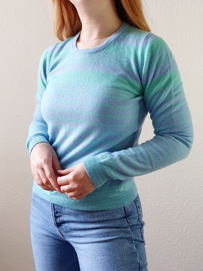 Baby Blue & Green Striped Cashmere Jumper - XS