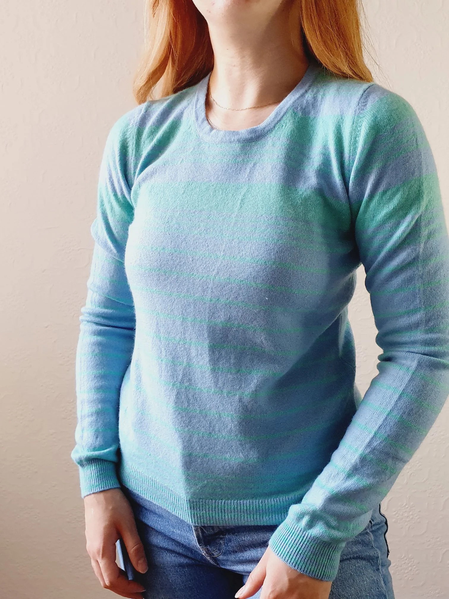 Baby Blue & Green Striped Cashmere Jumper - XS - Image 2