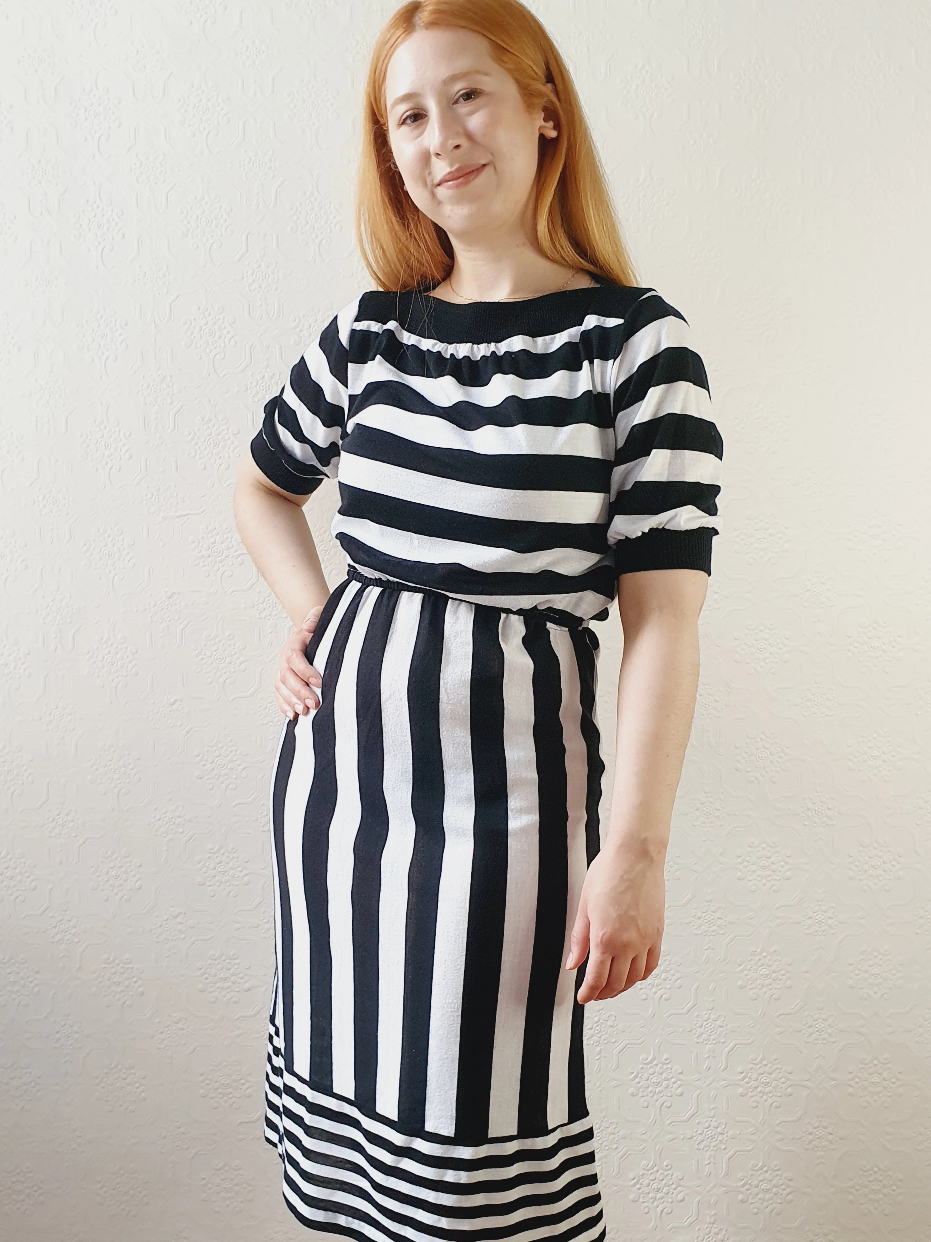Black & White Striped Fitted Dress - S - Image 2