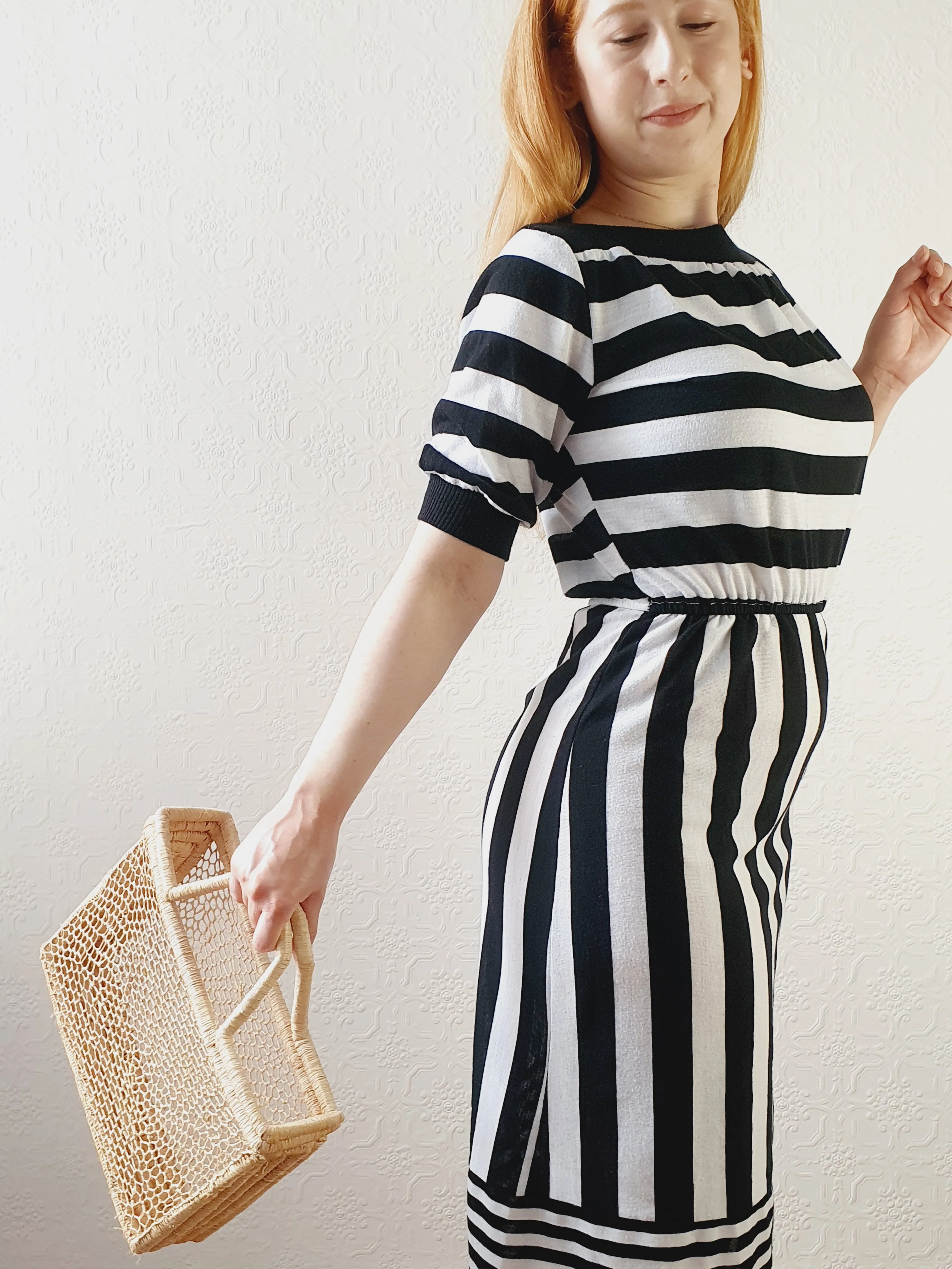 Black & White Striped Fitted Dress - S - Image 5