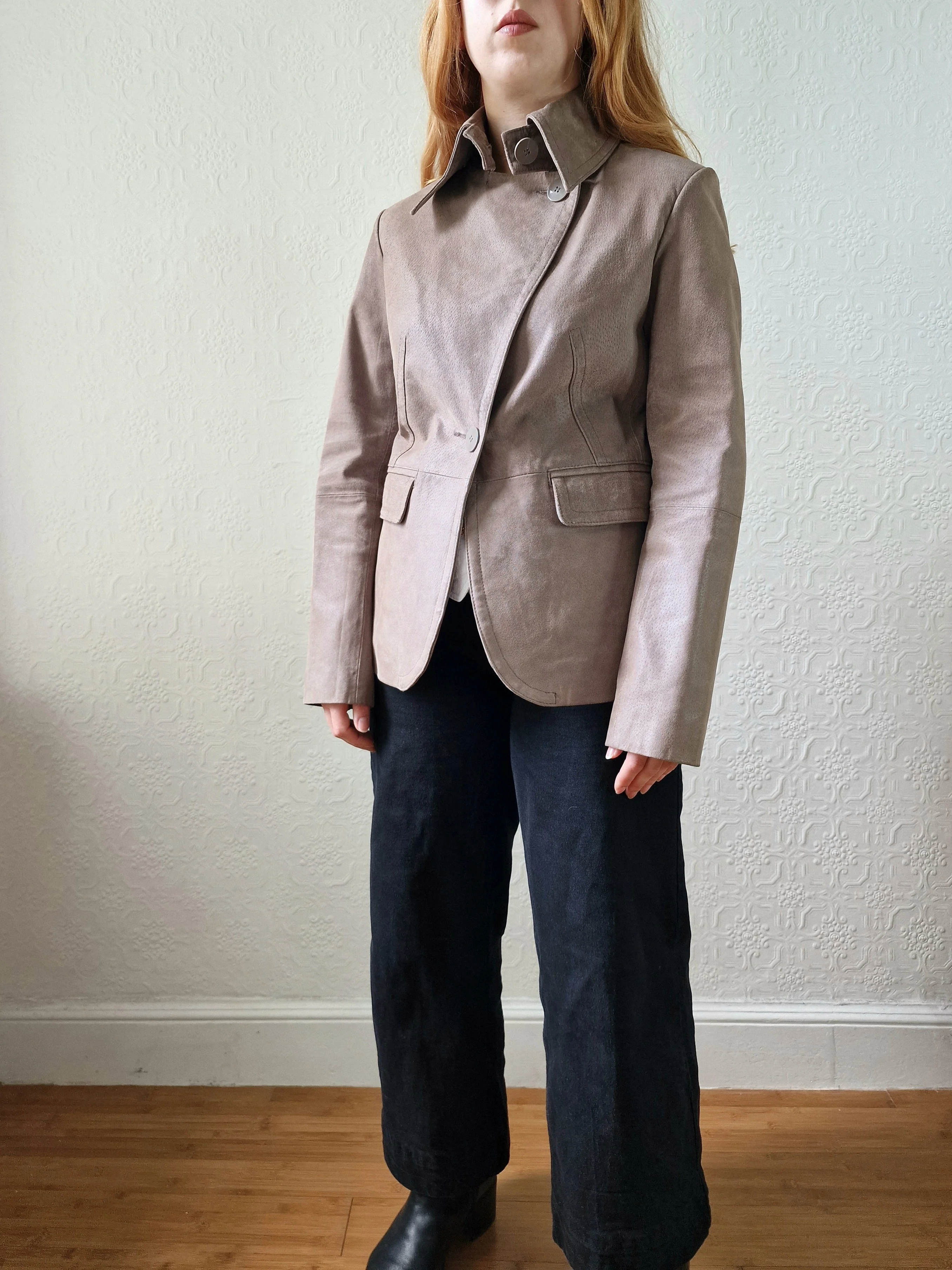 Vintage 90s Grey Taupe Genuine Suede Leather Jacket with Pointy Lapel - XS/S - Image 10