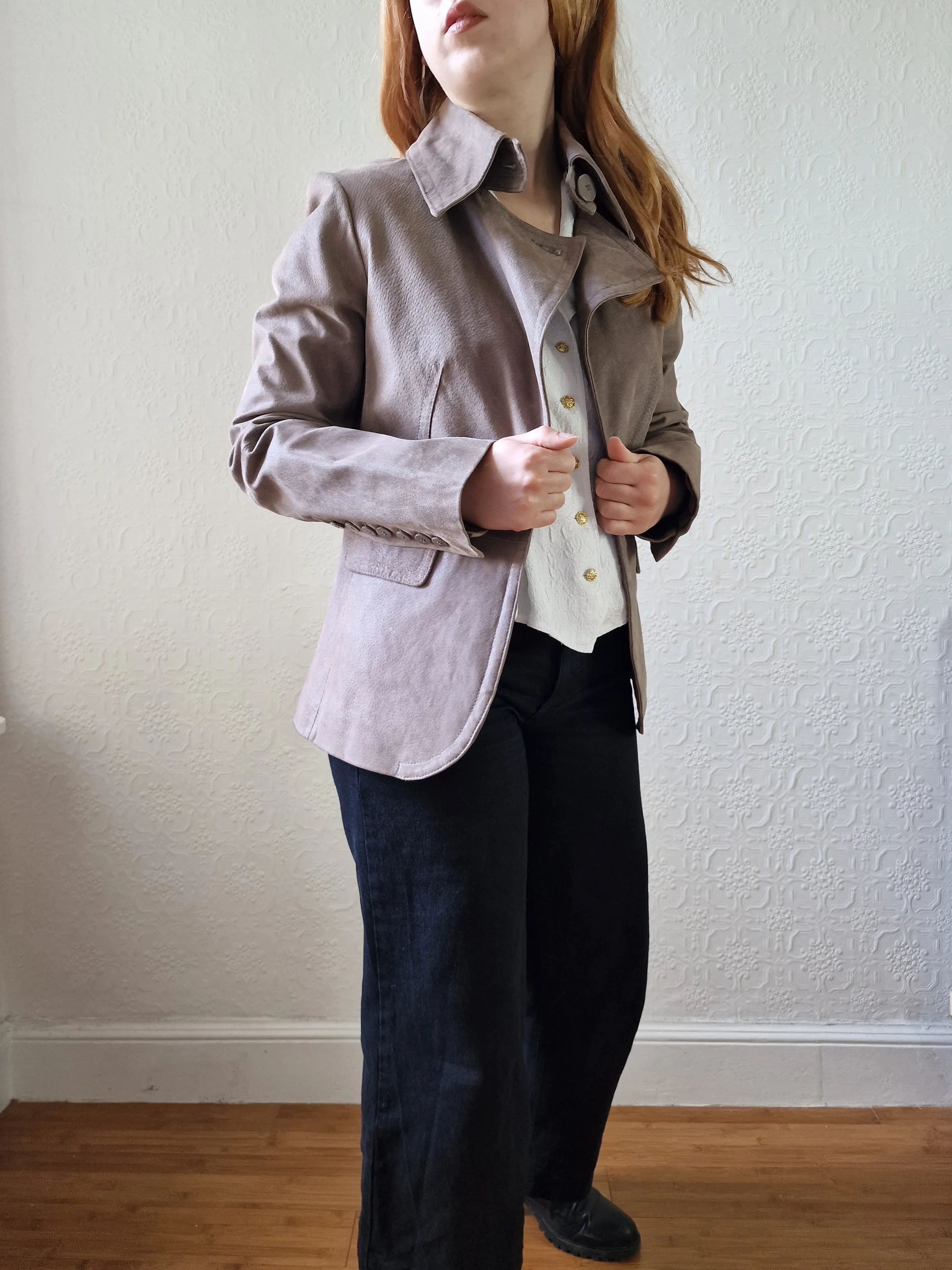 Vintage 90s Grey Taupe Genuine Suede Leather Jacket with Pointy Lapel - XS/S - Image 6