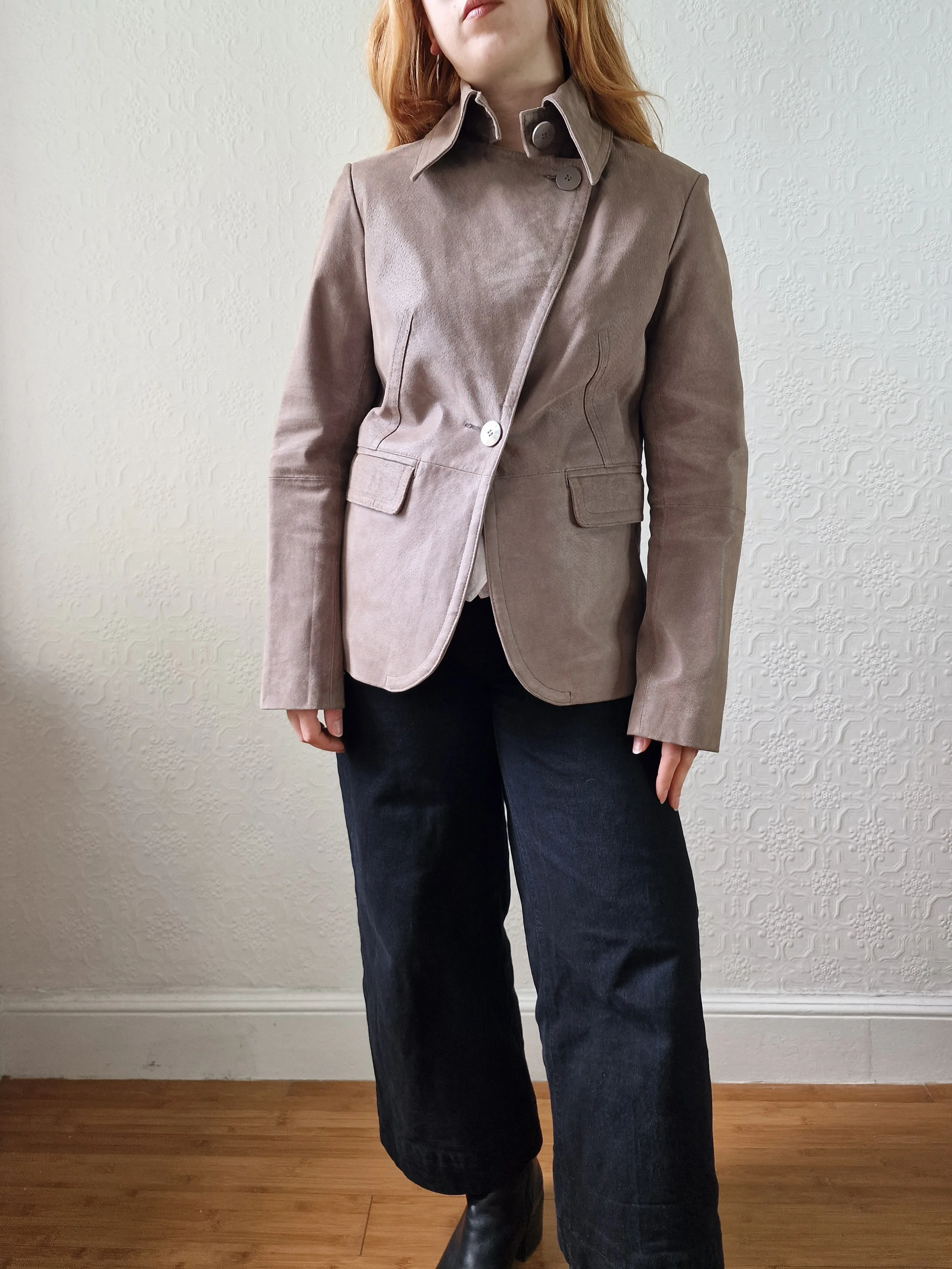 Vintage 90s Grey Taupe Genuine Suede Leather Jacket with Pointy Lapel - XS/S - Image 9