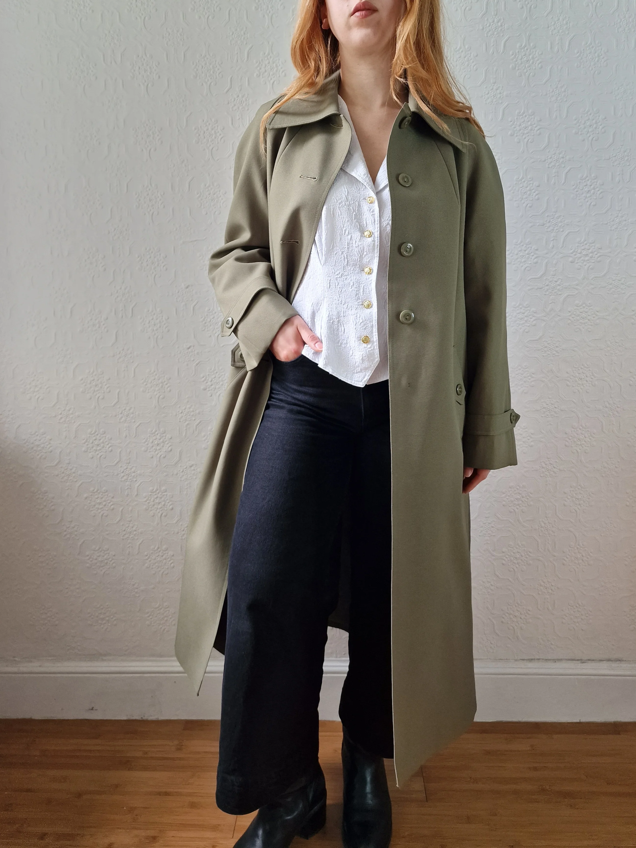 Vintage Khaki Green Single Breasted Trench Coat - M - Image 8