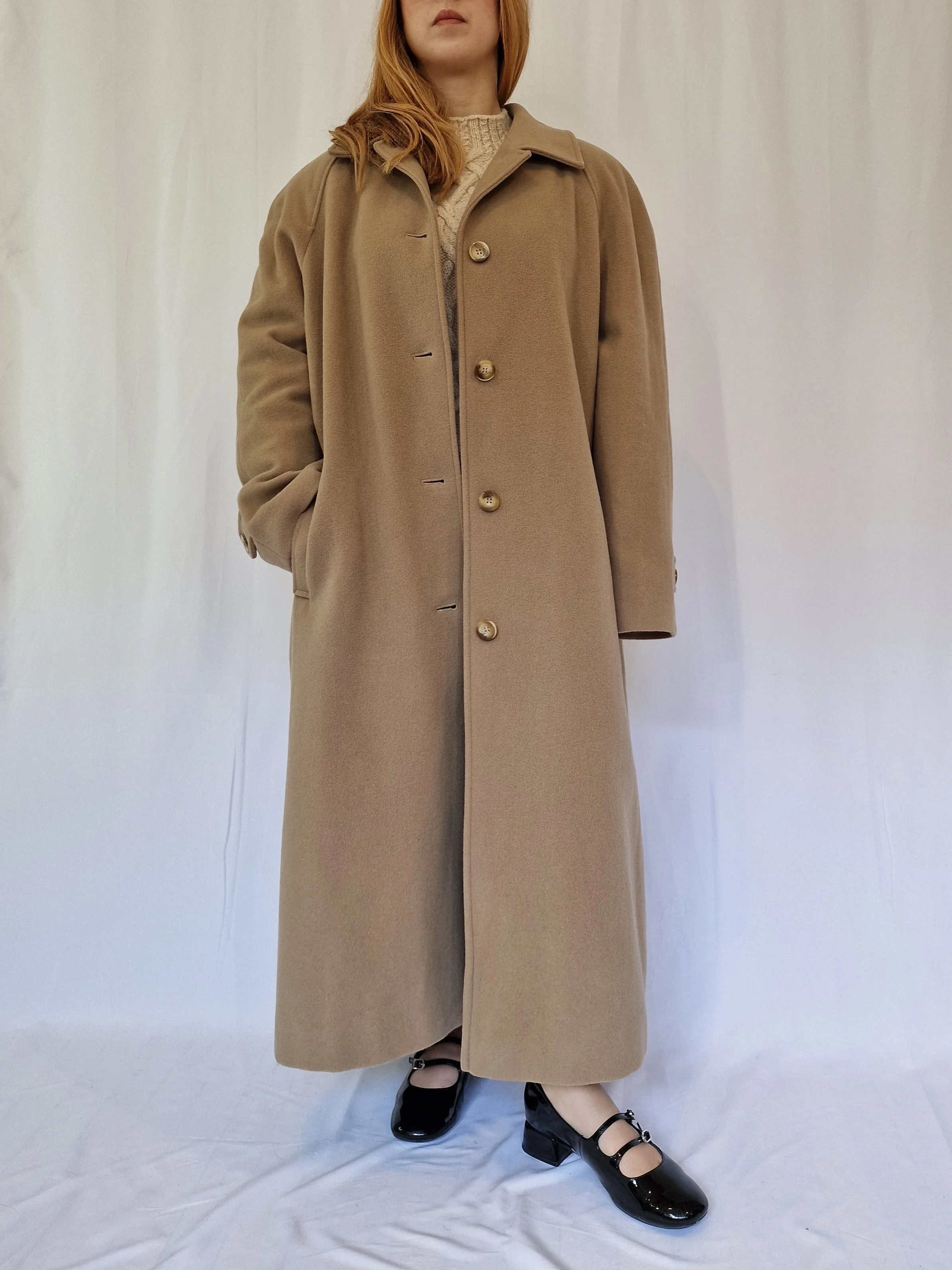 Vintage Camel Brown Wool Single Breasted Long Coat - XL - Image 4