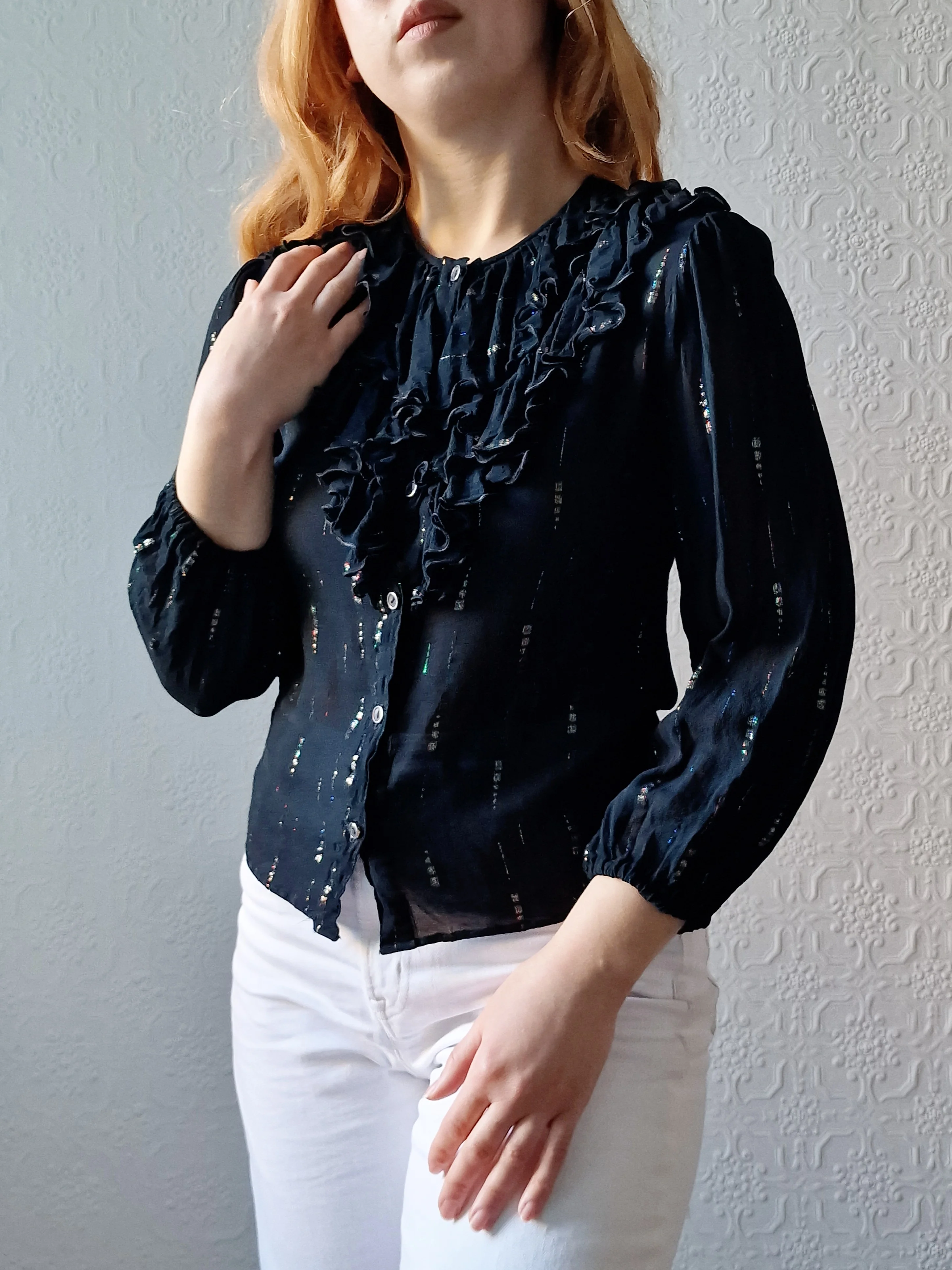 Vintage 80s Sheer Black 3/4 Sleeve Blouse with Frilly Collar - XS - Image 2