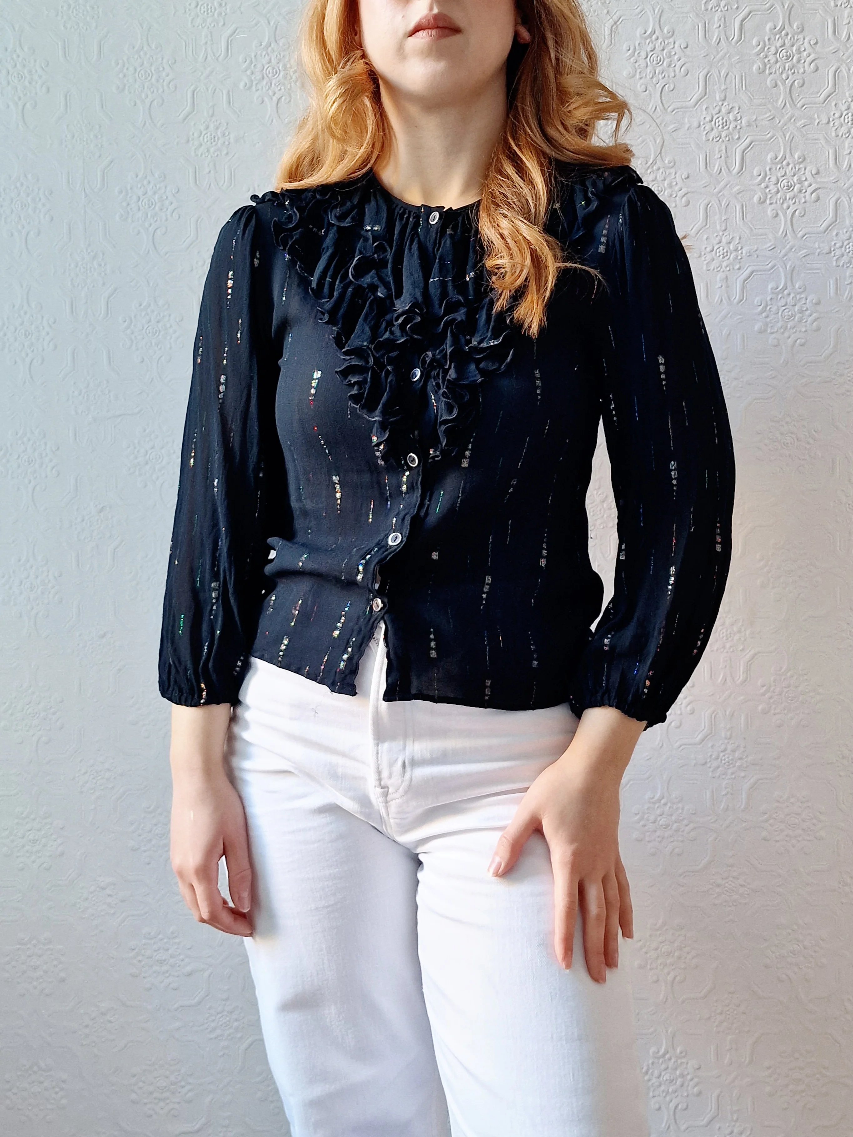 Vintage 80s Sheer Black 3/4 Sleeve Blouse with Frilly Collar - XS - Image 3