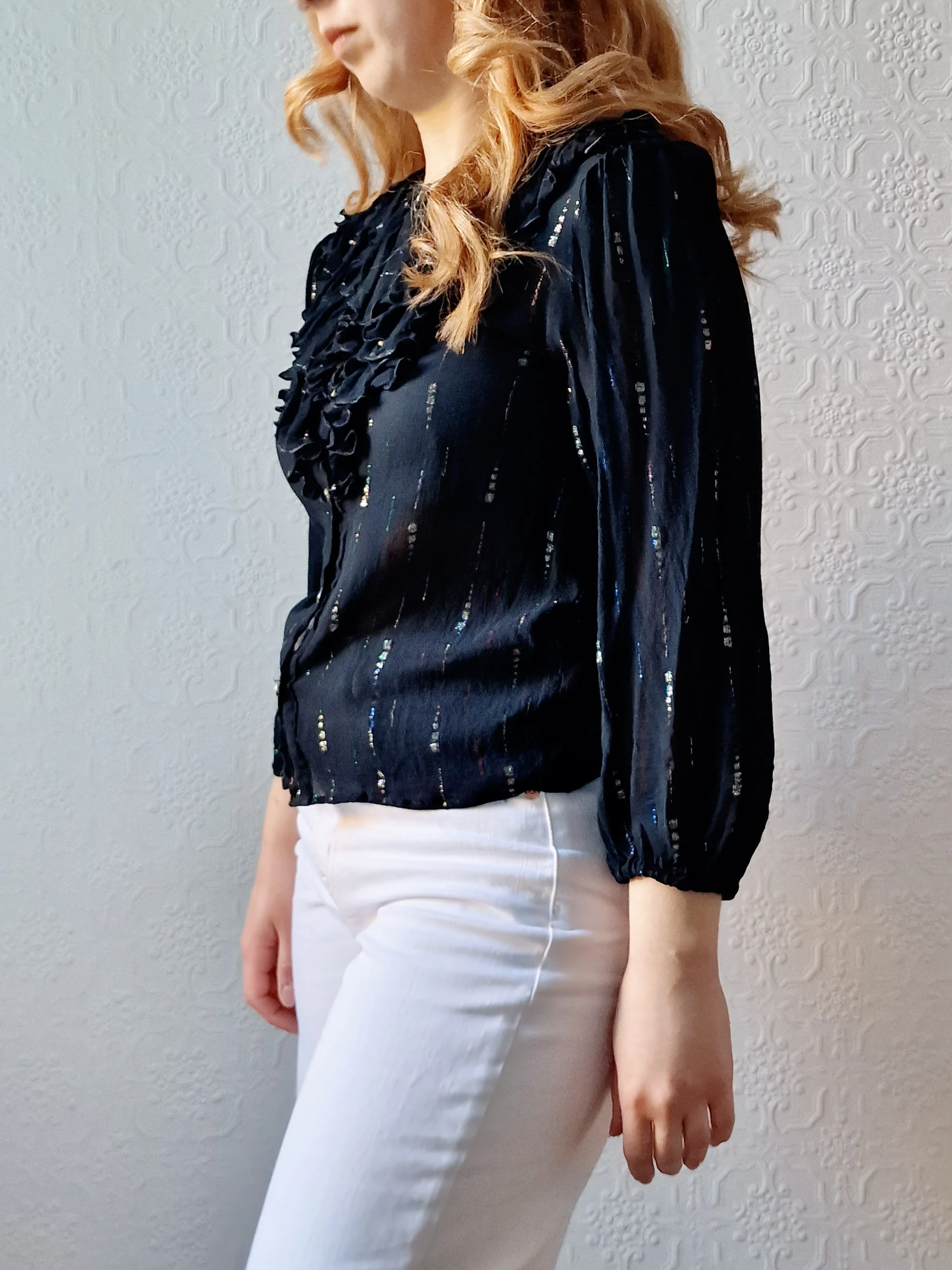 Vintage 80s Sheer Black 3/4 Sleeve Blouse with Frilly Collar - XS - Image 4