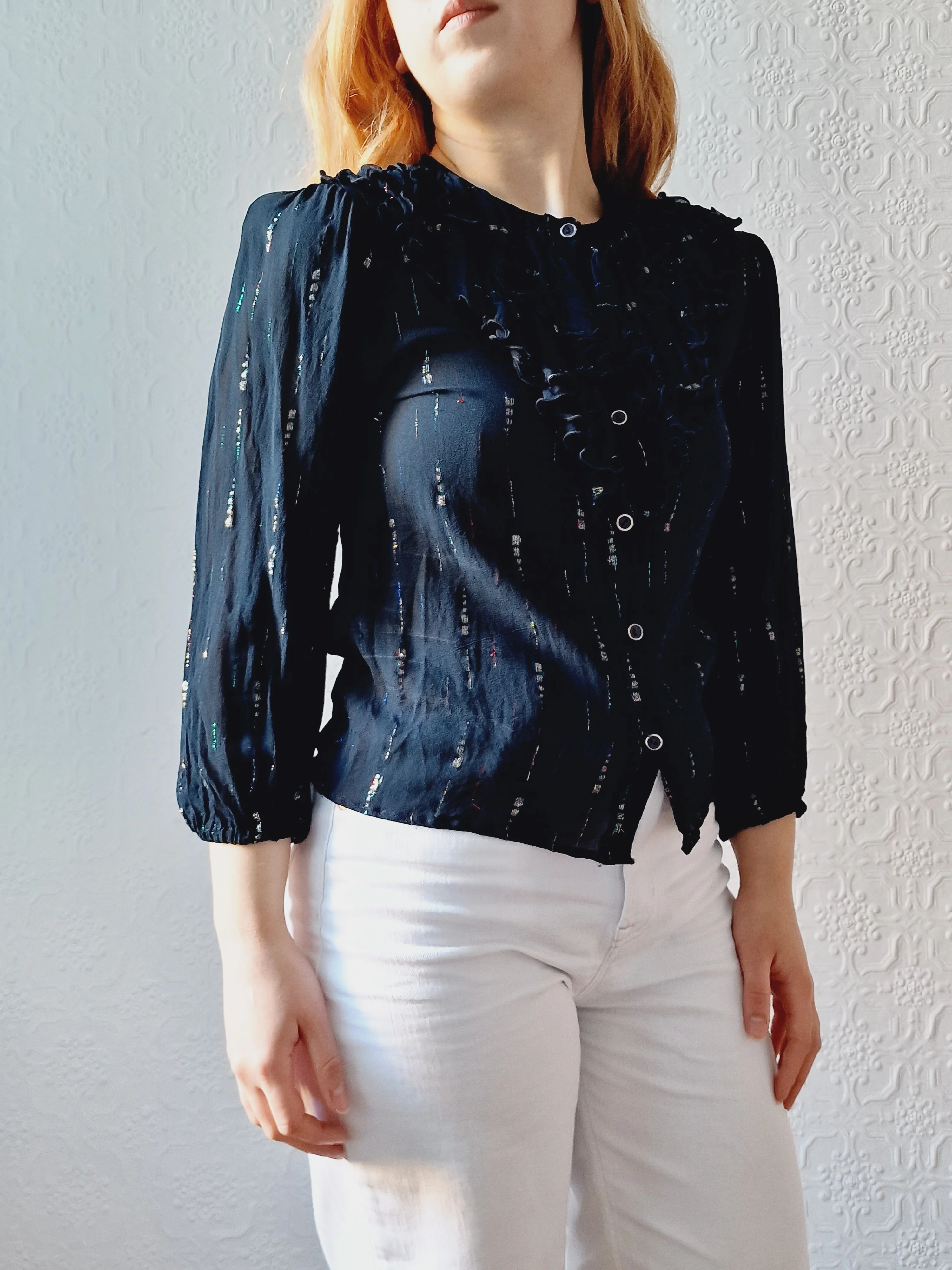 Vintage 80s Sheer Black 3/4 Sleeve Blouse with Frilly Collar - XS - Image 5