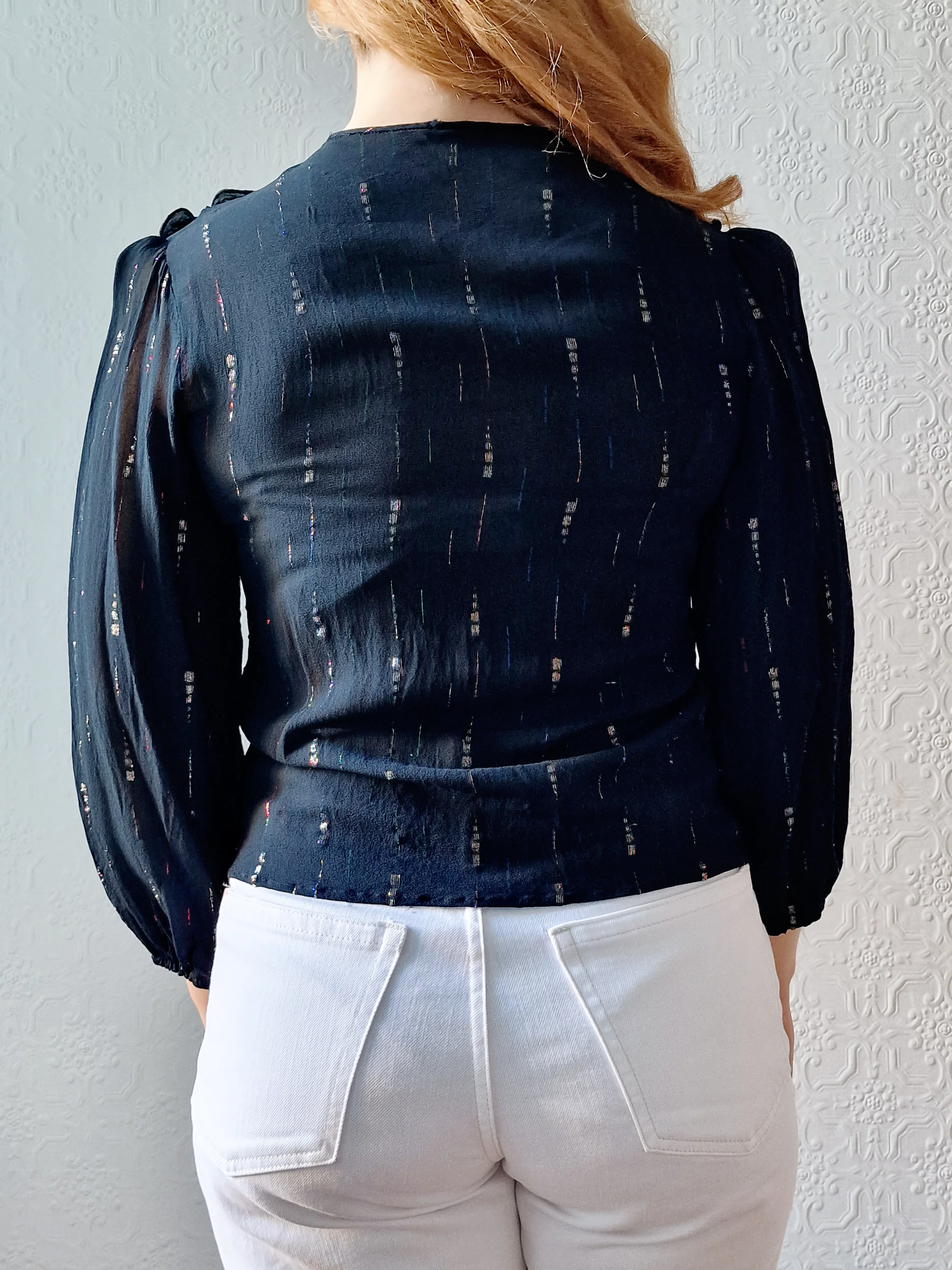 Vintage 80s Sheer Black 3/4 Sleeve Blouse with Frilly Collar - XS - Image 6