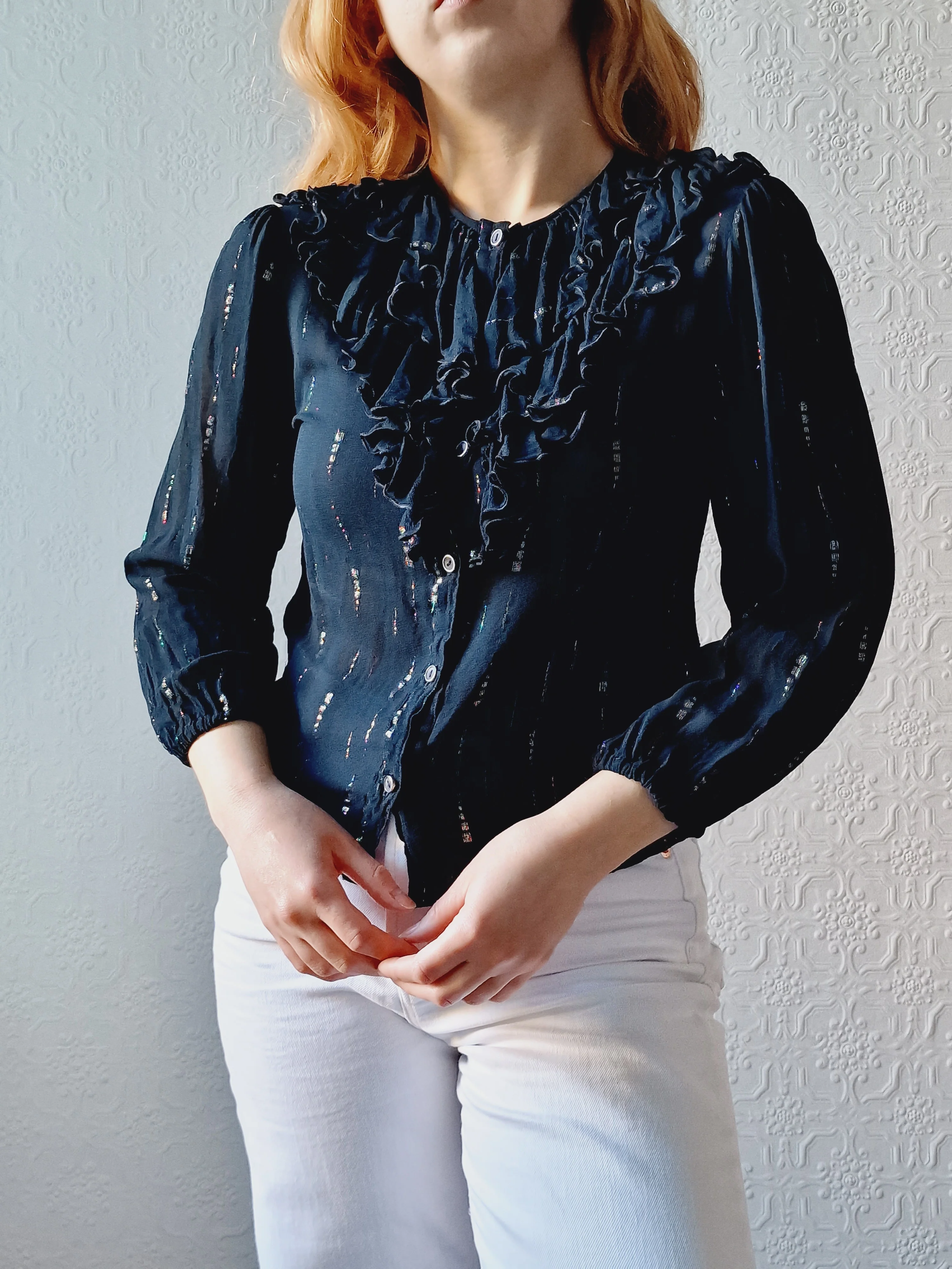 Vintage 80s Sheer Black 3/4 Sleeve Blouse with Frilly Collar - XS - Image 7