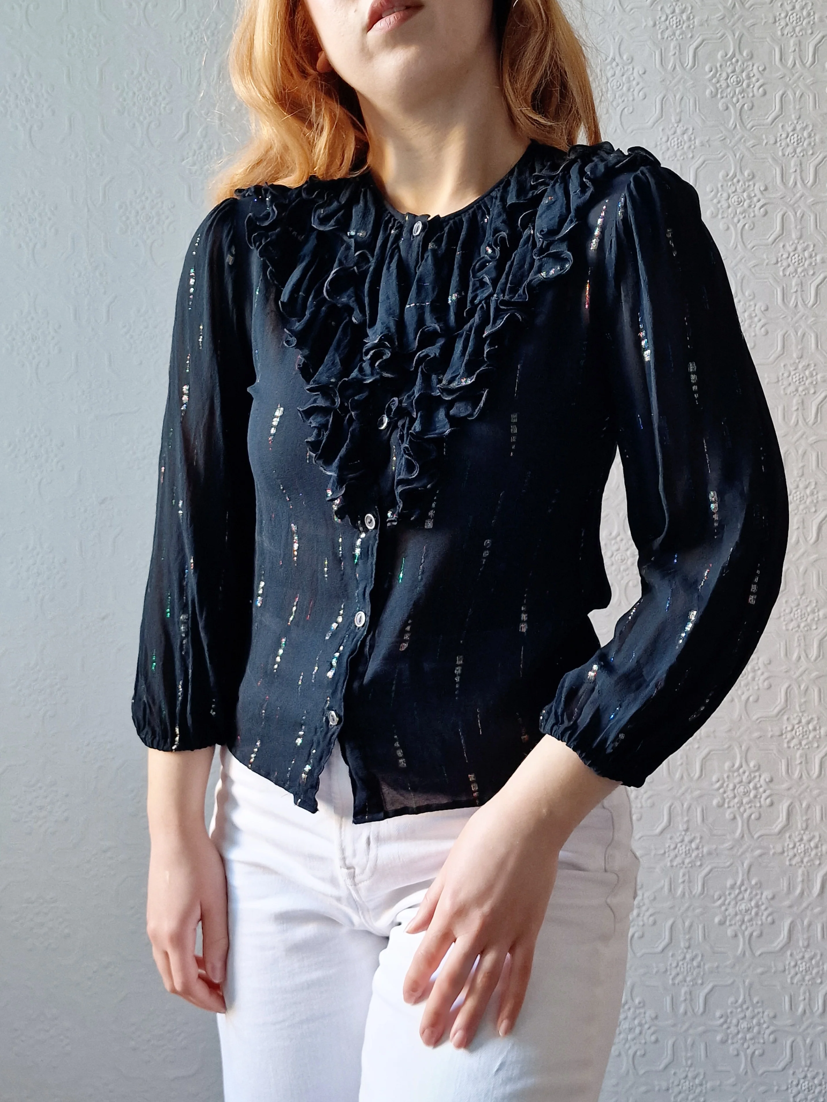 Vintage 80s Sheer Black 3/4 Sleeve Blouse with Frilly Collar - XS - Image 8