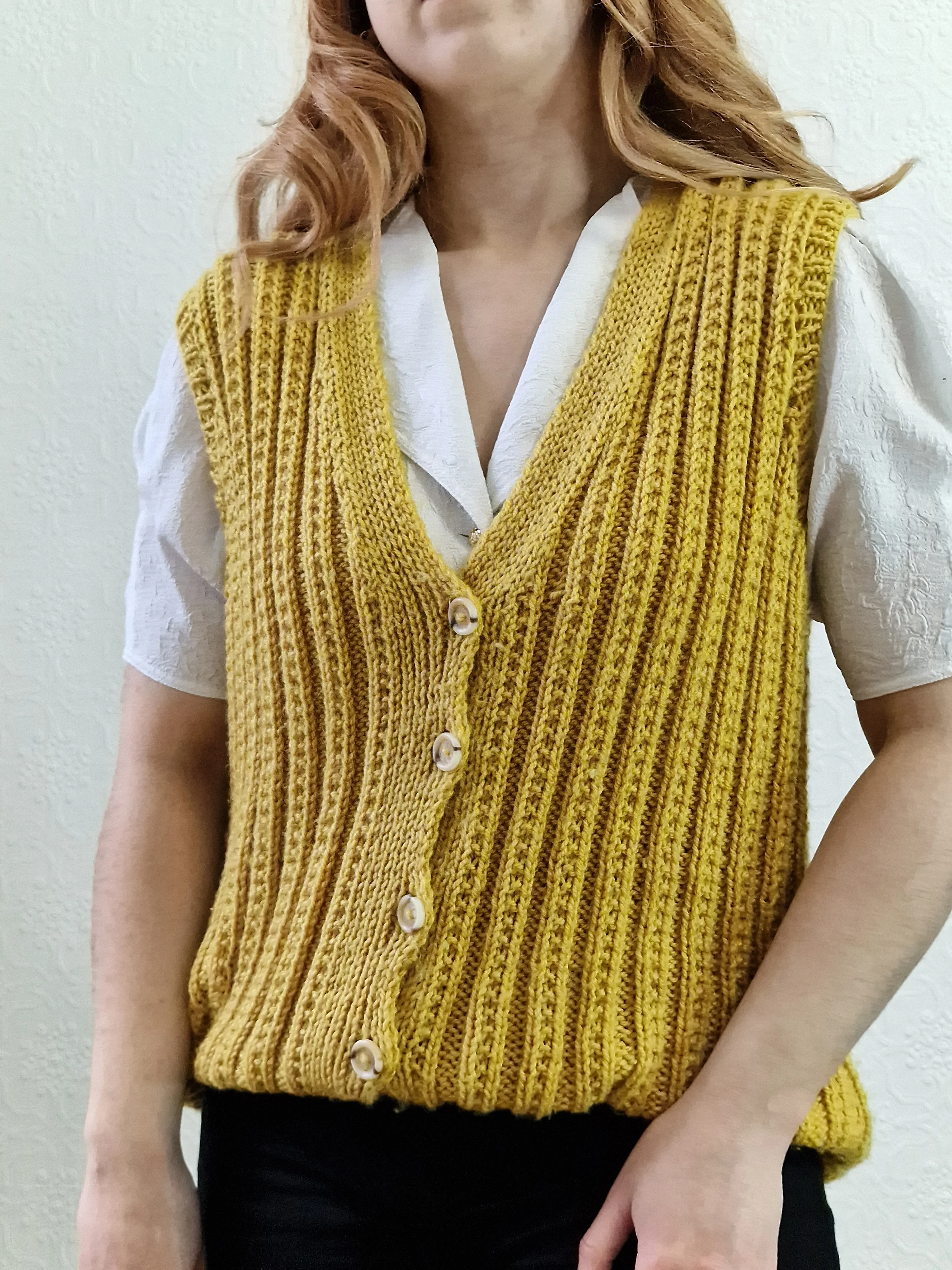 Vintage 80s Handknitted Mustard Ribbed Vest with Buttons - L/XL - Image 2