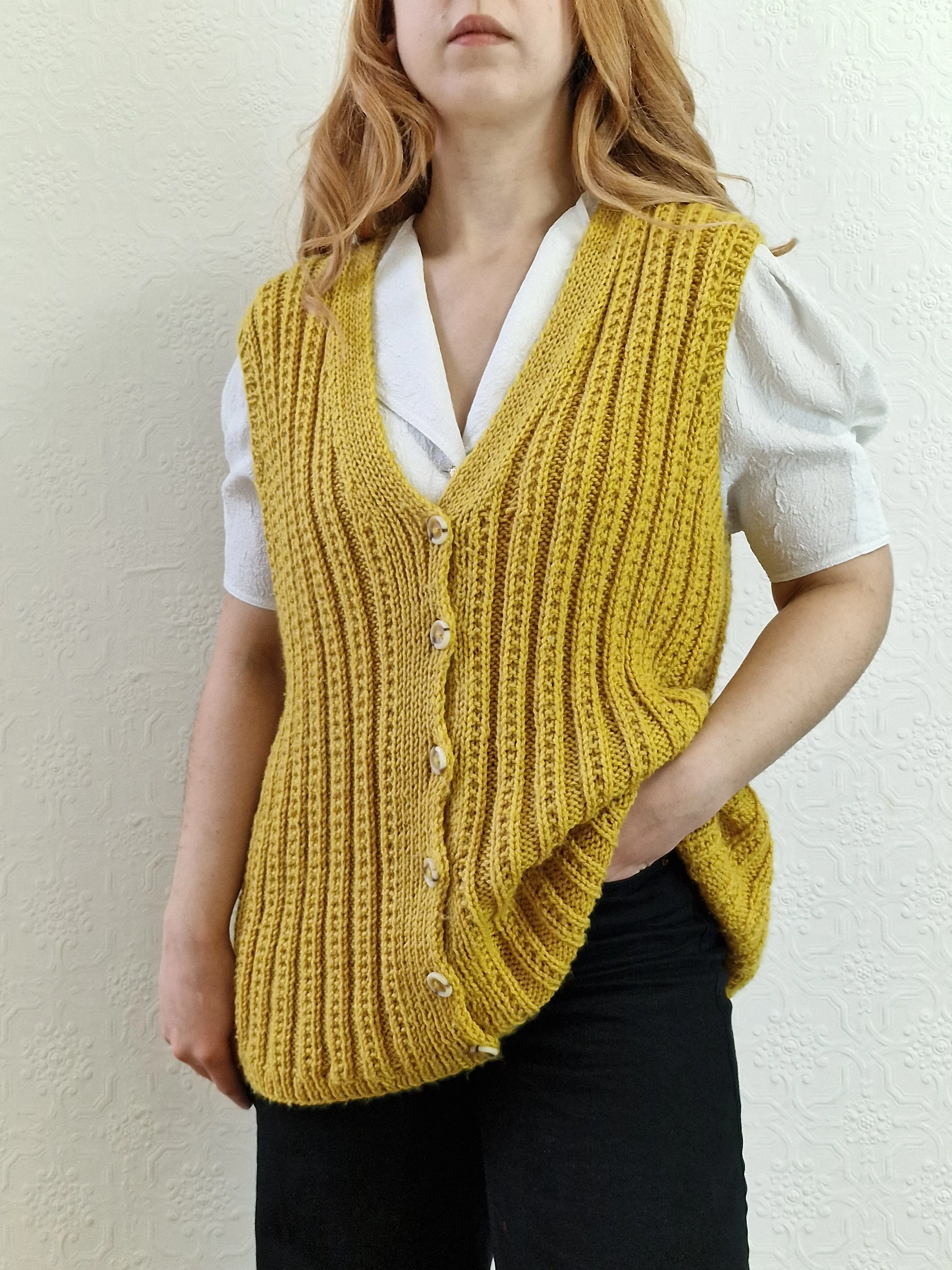 Vintage 80s Handknitted Mustard Ribbed Vest with Buttons - L/XL - Image 3