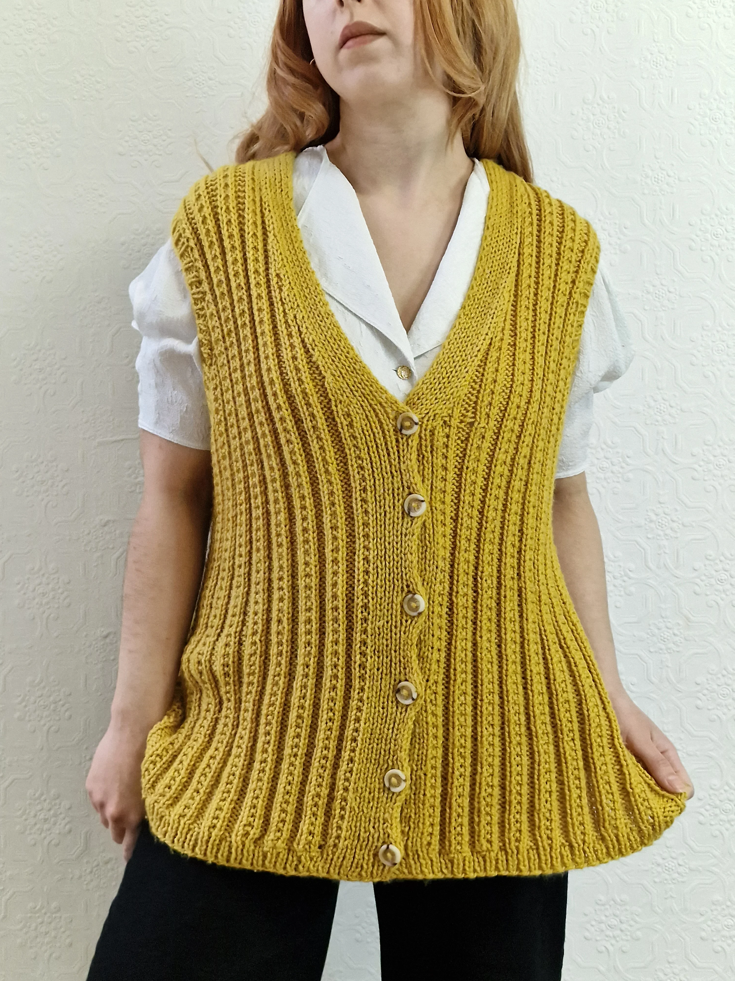 Vintage 80s Handknitted Mustard Ribbed Vest with Buttons - L/XL - Image 5