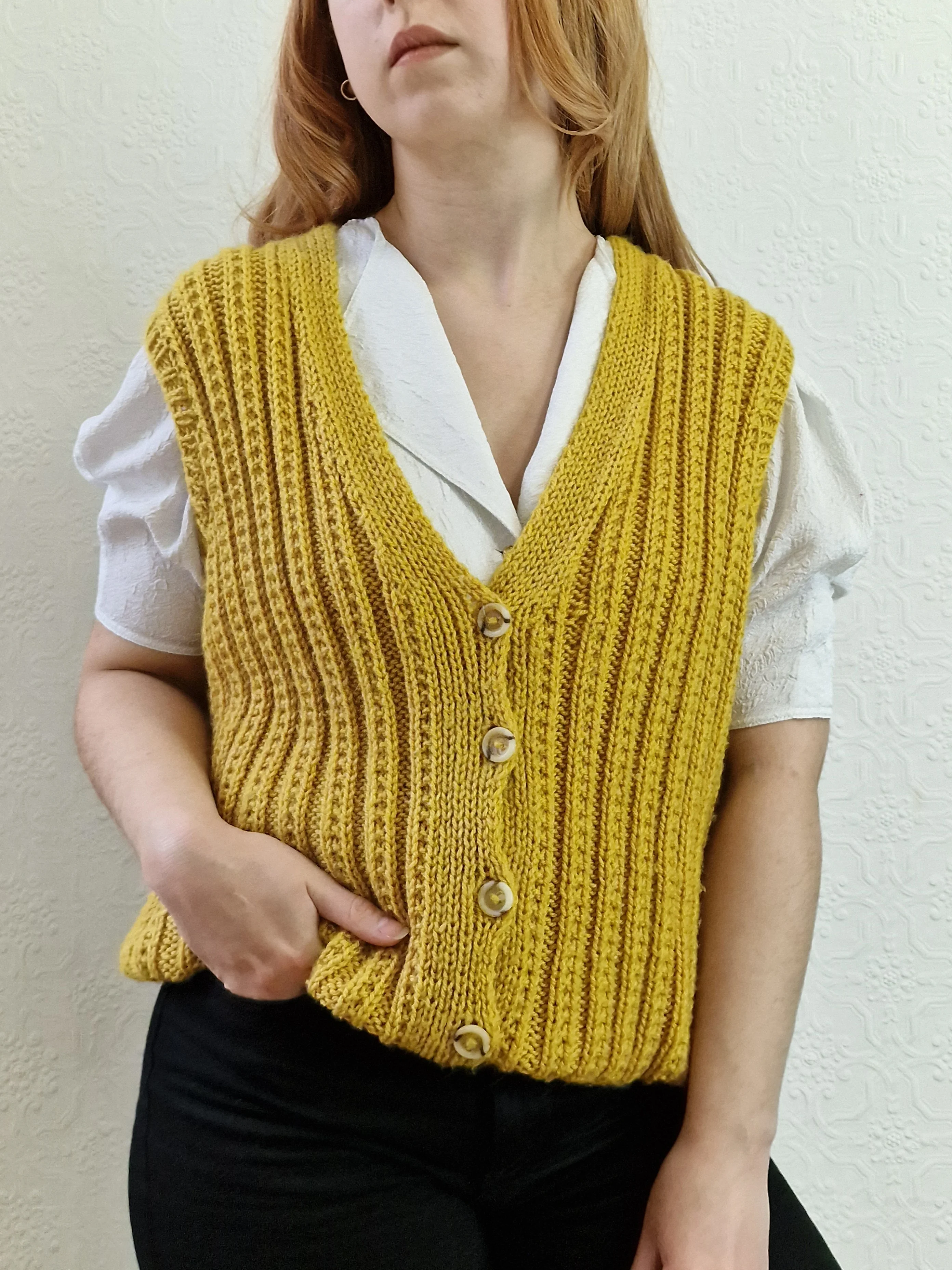 Vintage 80s Handknitted Mustard Ribbed Vest with Buttons - L/XL - Image 6