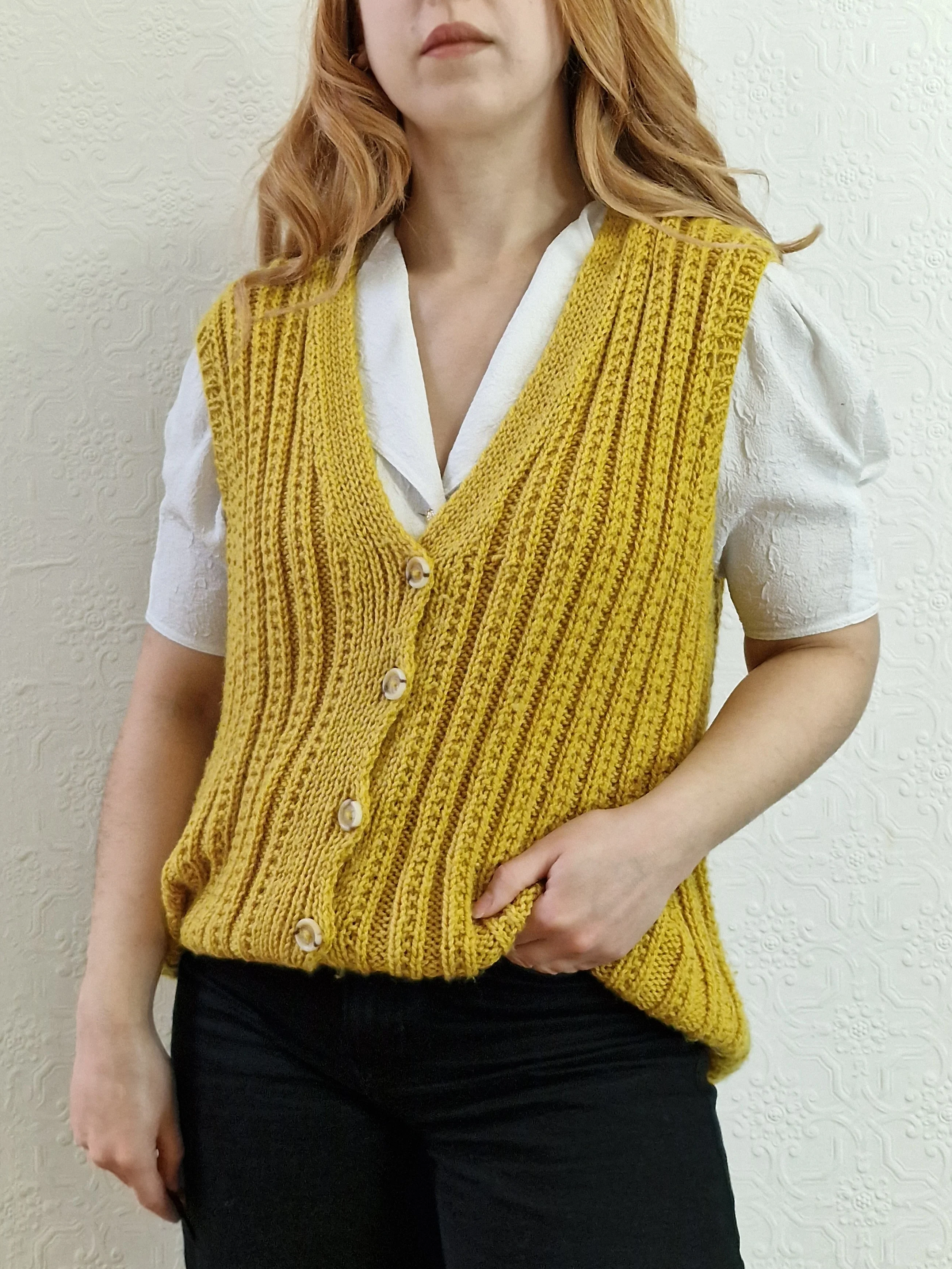 Vintage 80s Handknitted Mustard Ribbed Vest with Buttons - L/XL - Image 7
