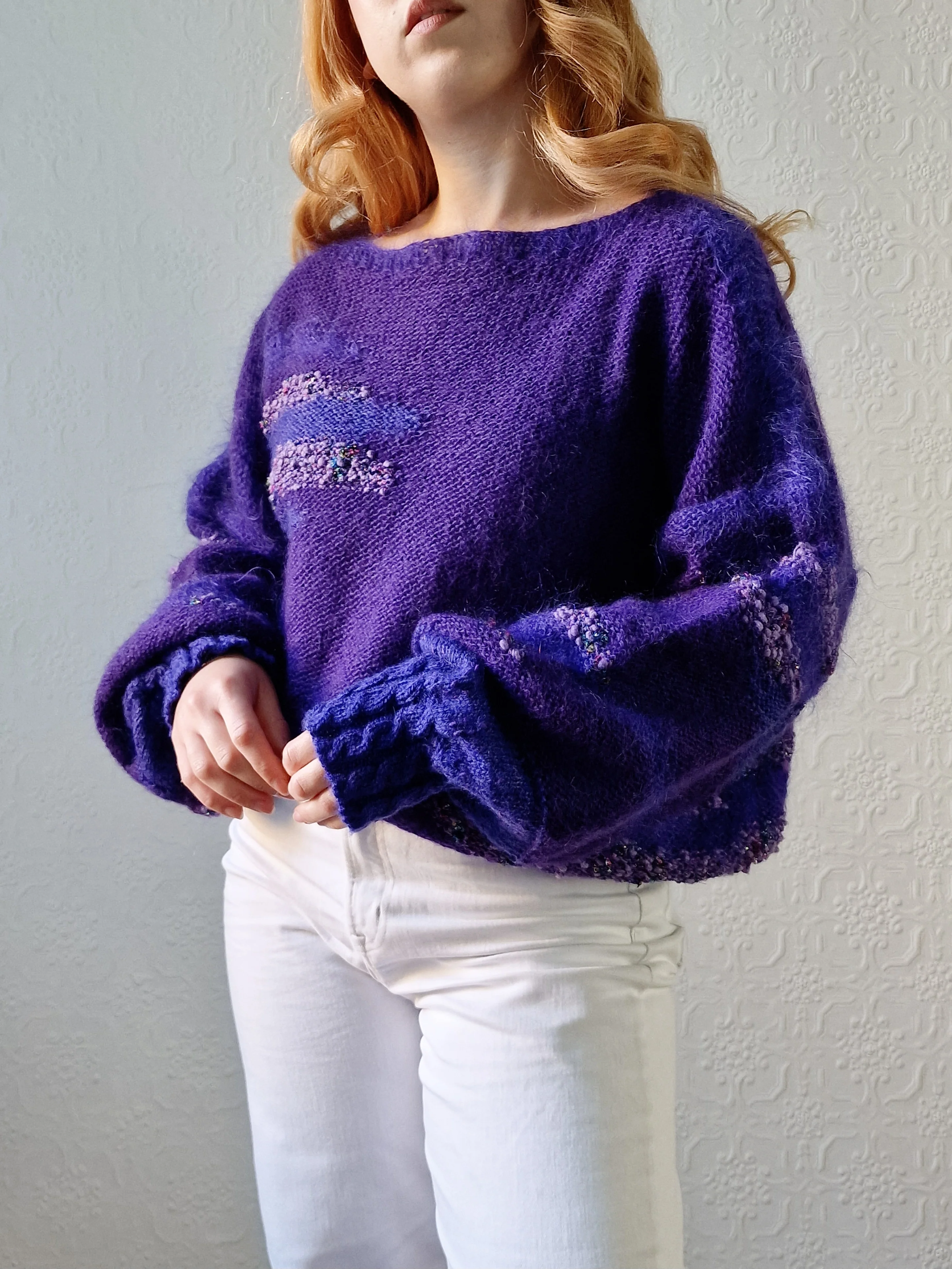 Vintage 80s Deep Purple Mohair Jumper with Boat Neck - XL - Image 2