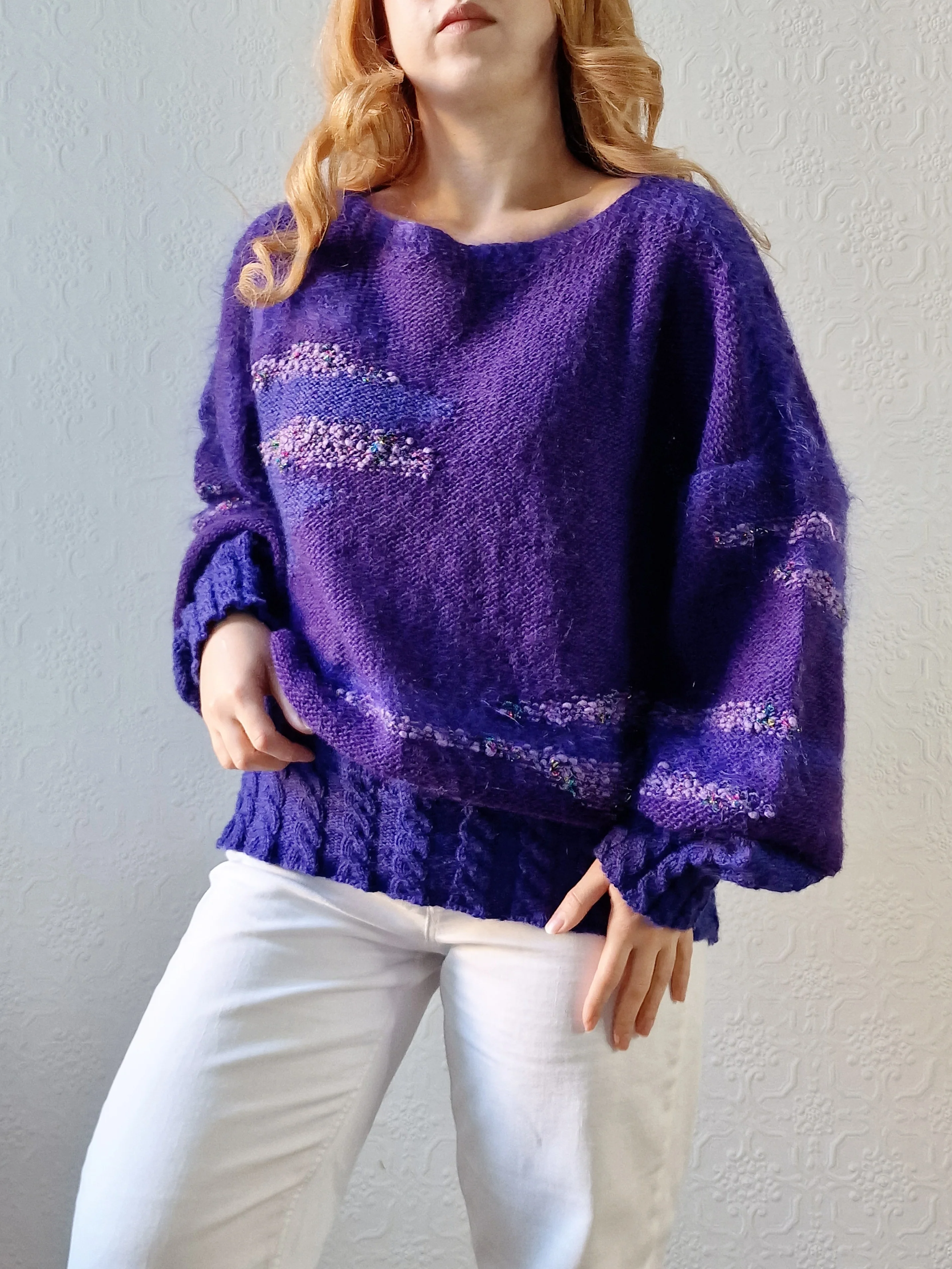 Vintage 80s Deep Purple Mohair Jumper with Boat Neck - XL - Image 3