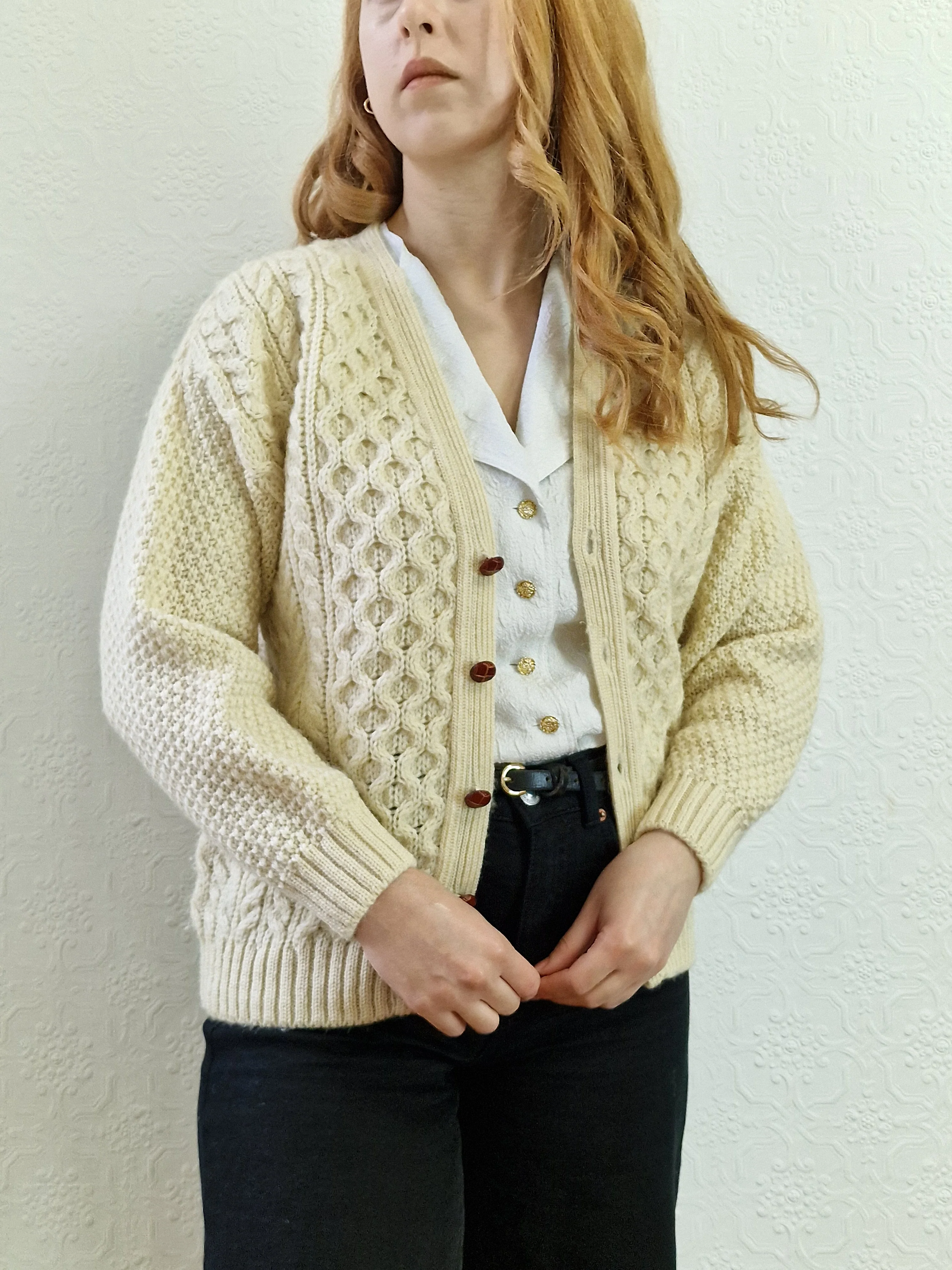 Vintage Pure Wool Cream V-Neck Aran Cardigan by Highland Home Industries - S/M