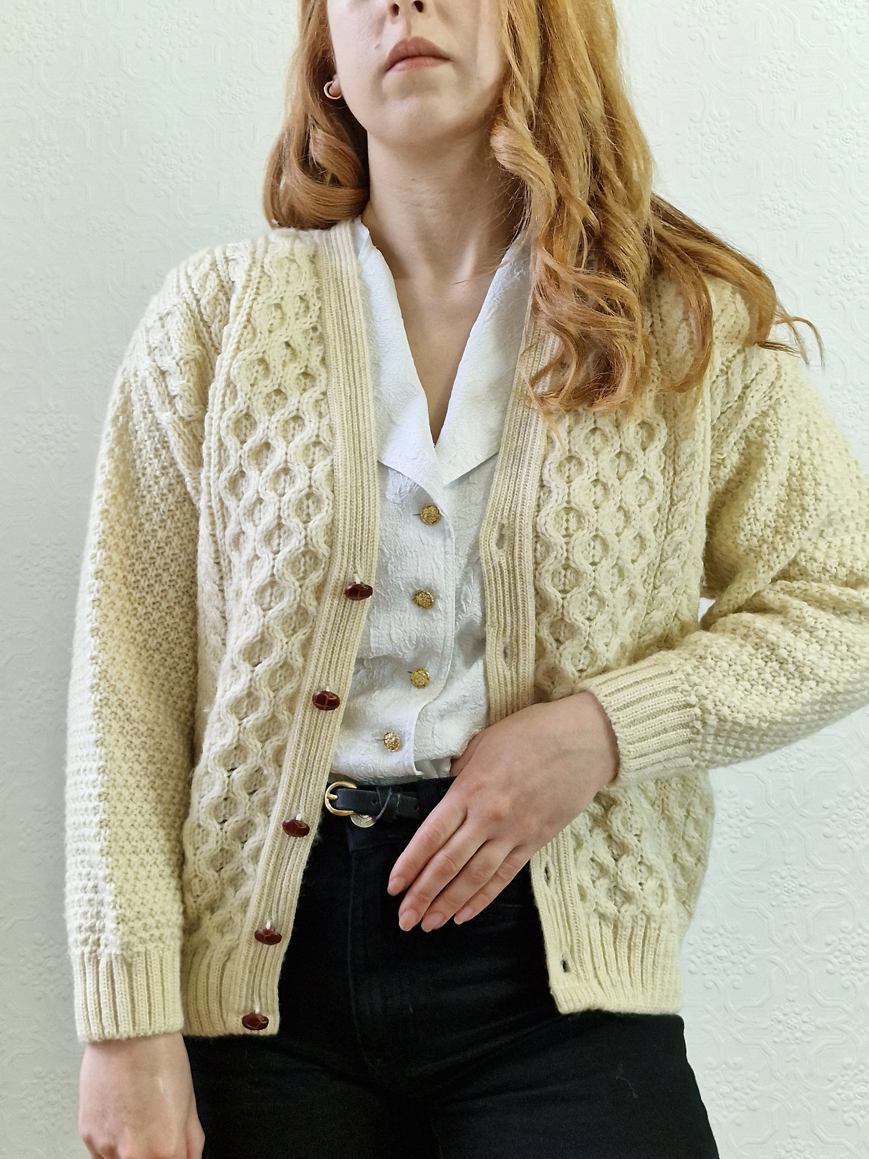 Vintage Pure Wool Cream V-Neck Aran Cardigan by Highland Home Industries - S/M - Image 2