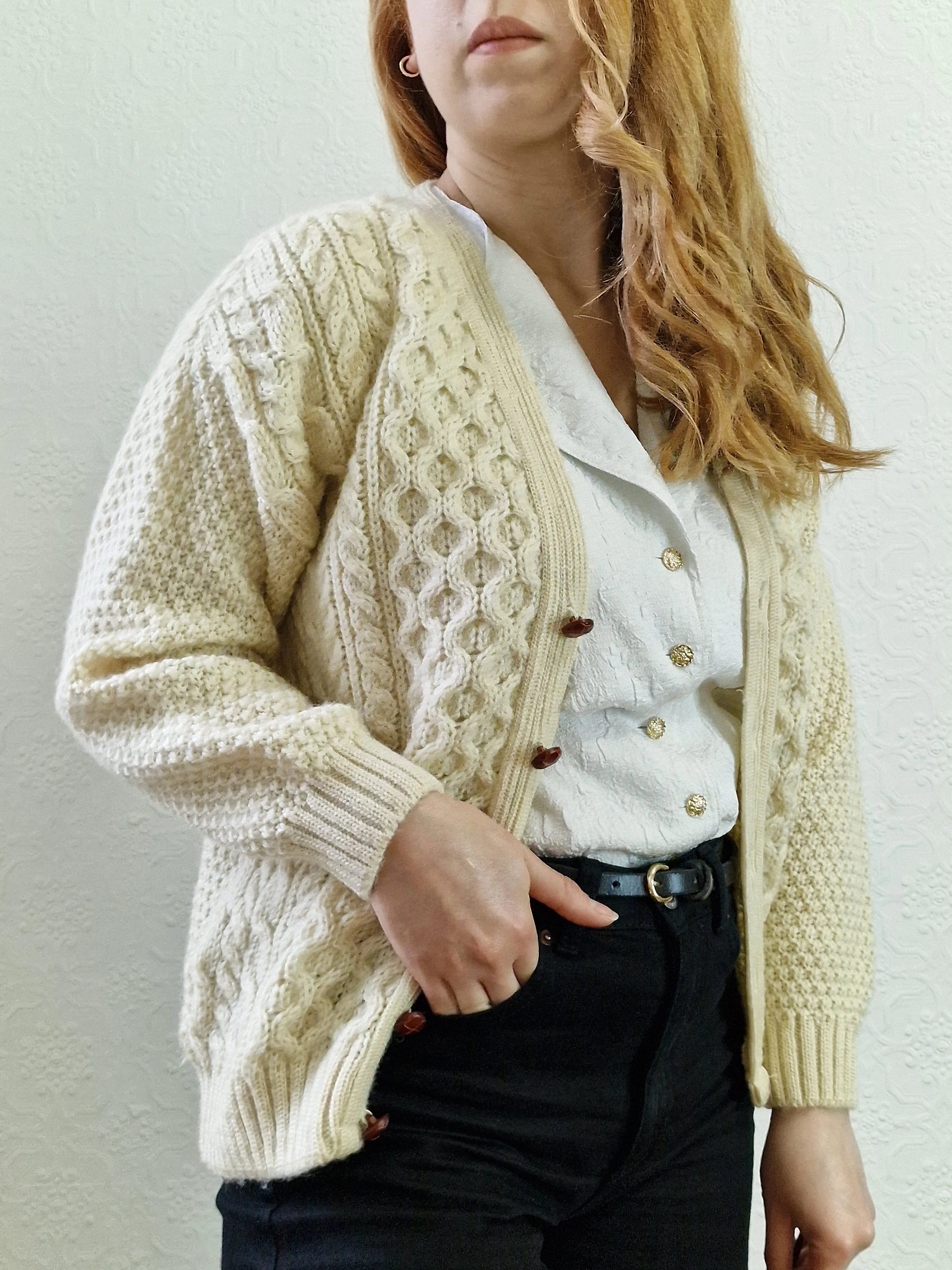 Vintage Pure Wool Cream V-Neck Aran Cardigan by Highland Home Industries - S/M - Image 3