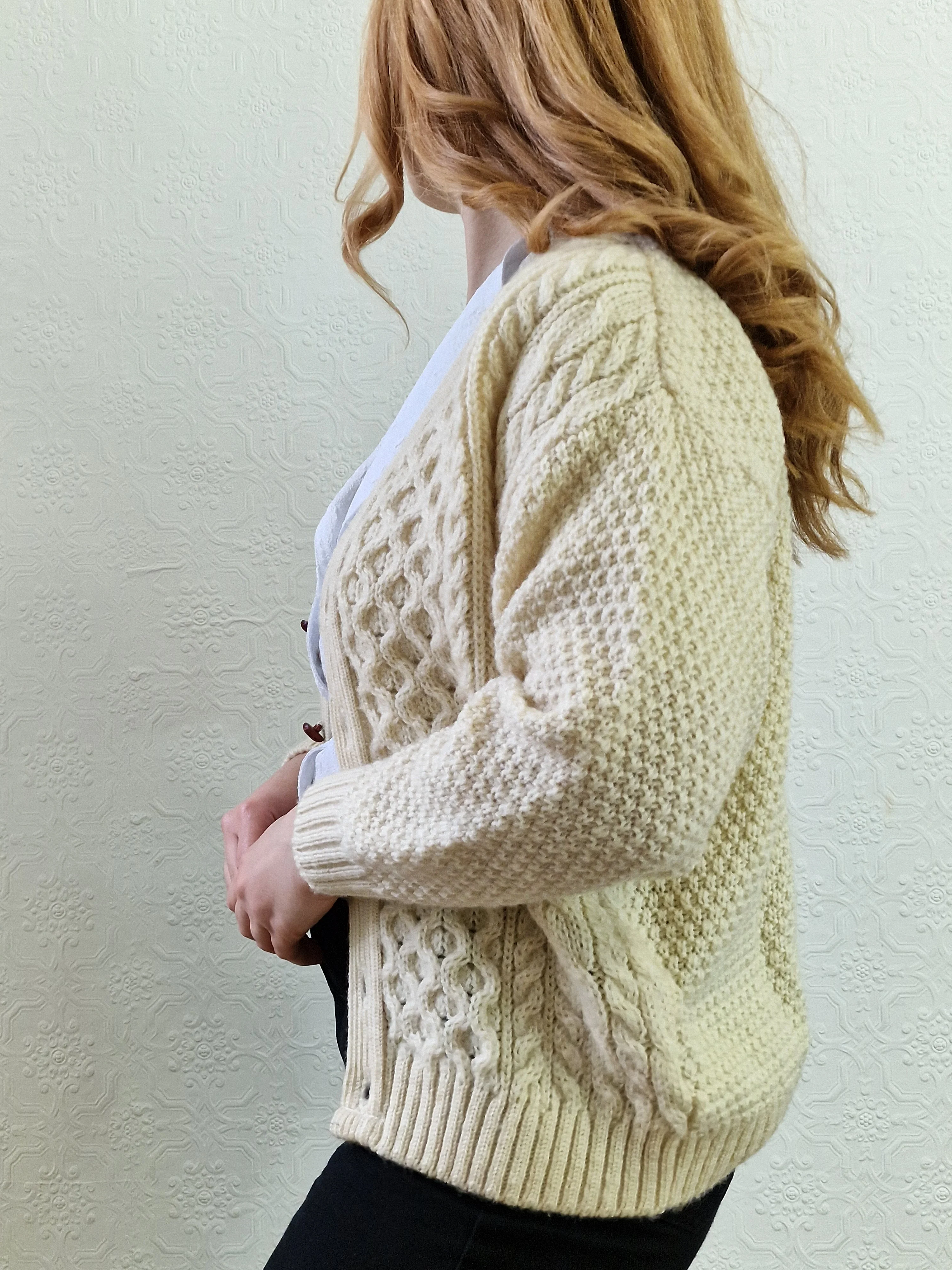 Vintage Pure Wool Cream V-Neck Aran Cardigan by Highland Home Industries - S/M - Image 4