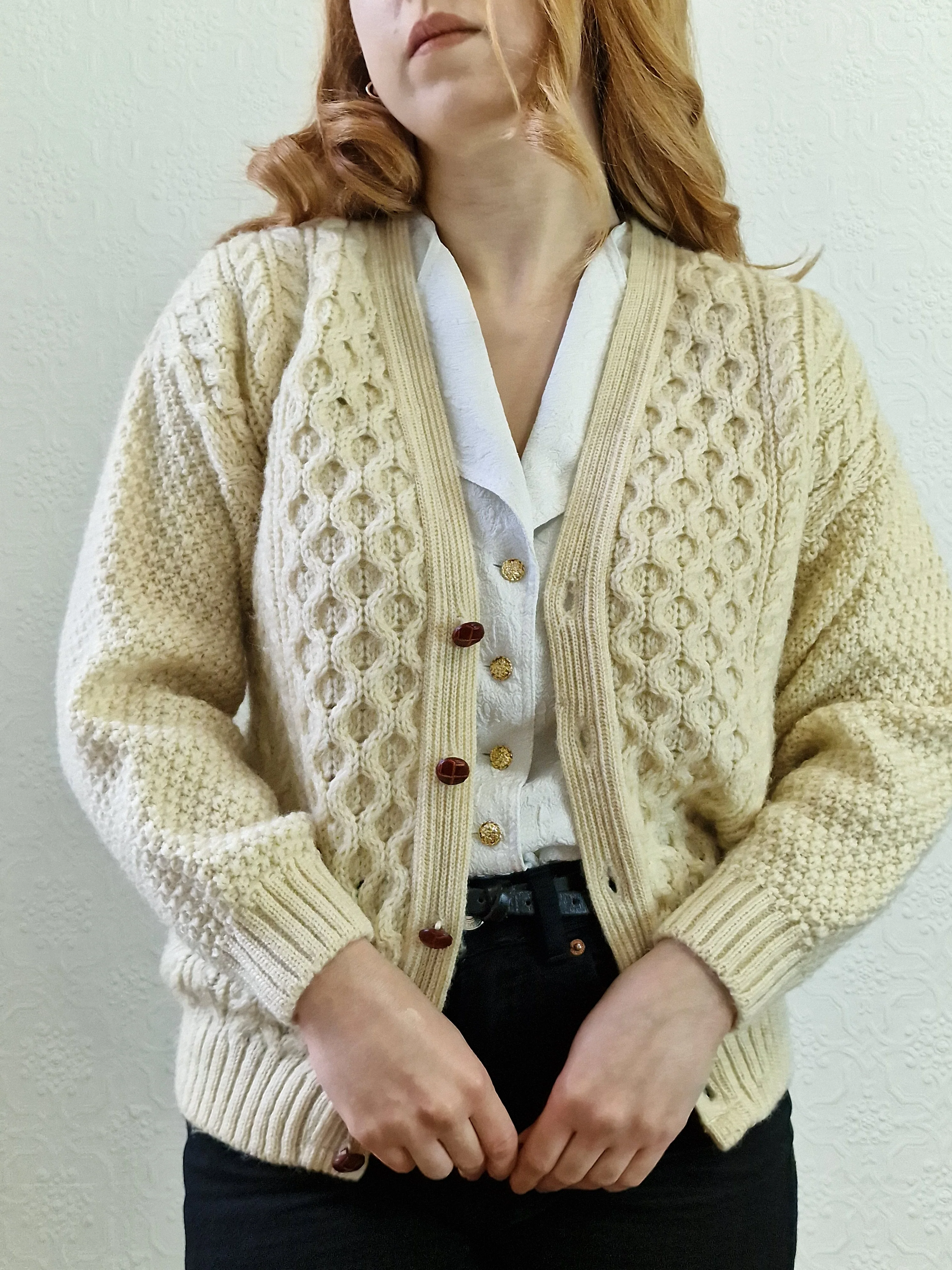 Vintage Pure Wool Cream V-Neck Aran Cardigan by Highland Home Industries - S/M - Image 5