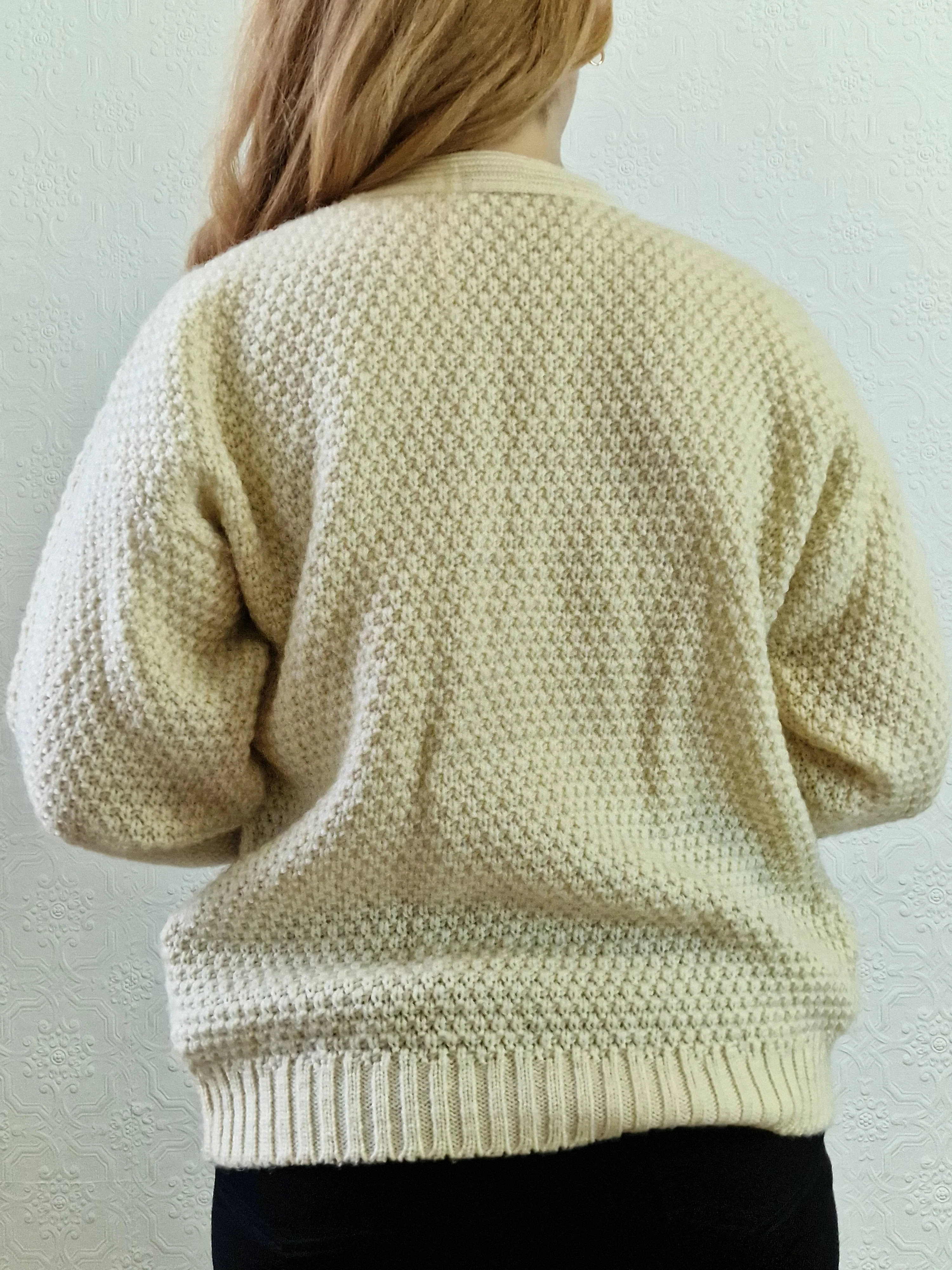 Vintage Pure Wool Cream V-Neck Aran Cardigan by Highland Home Industries - S/M - Image 6