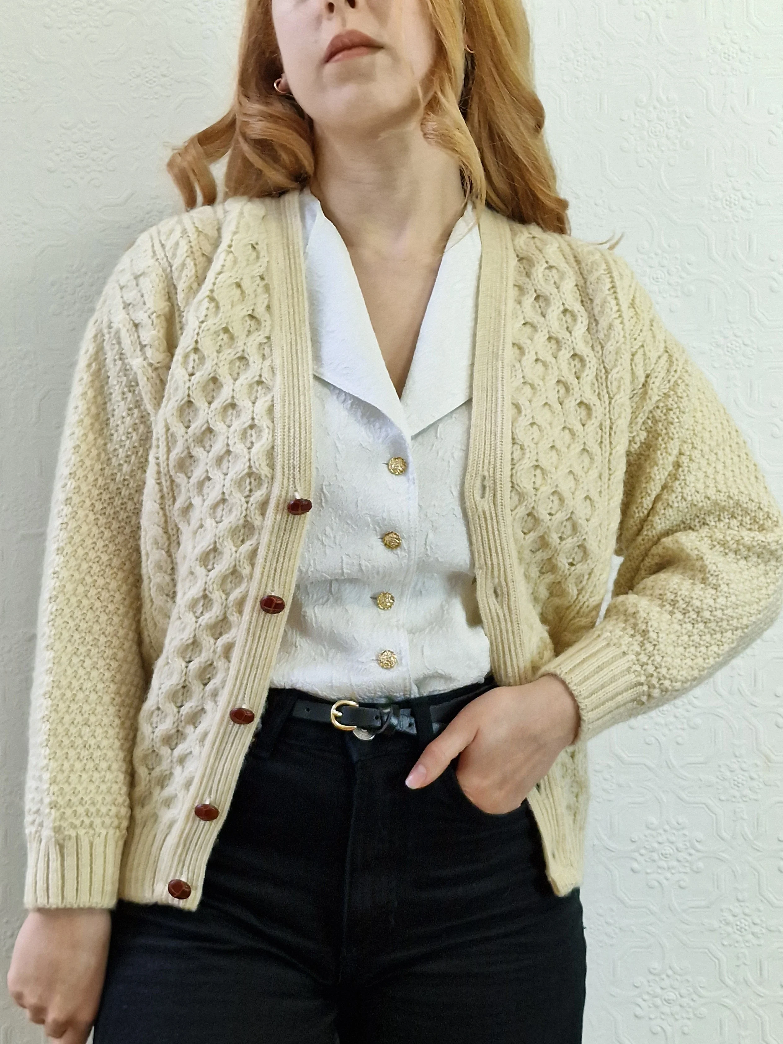 Vintage Pure Wool Cream V-Neck Aran Cardigan by Highland Home Industries - S/M - Image 7